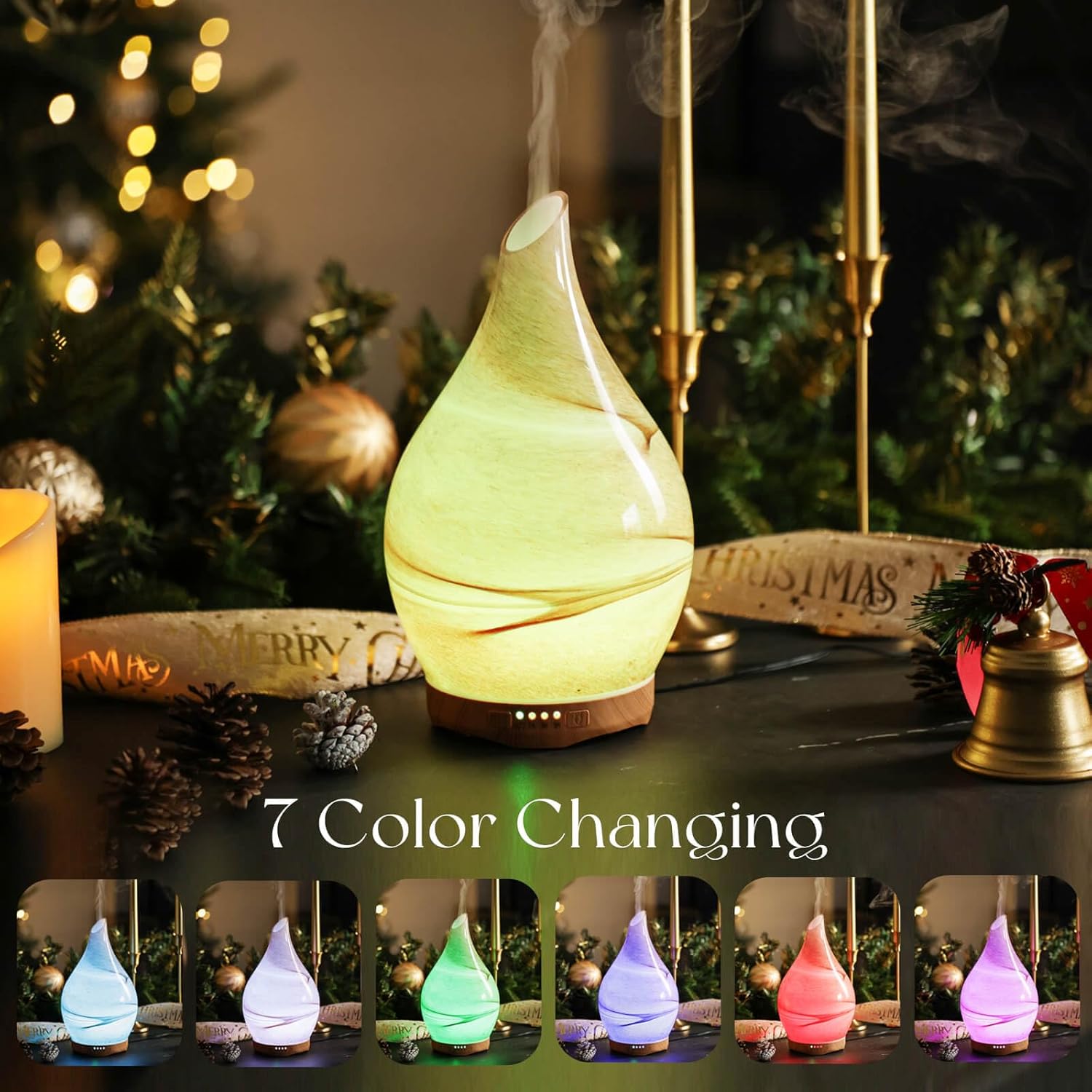Porseme 280ml Essential Oil Diffuser Glass Color Changing Aroma Air Diffusers Aromatherapy Ultrasonic Cool Mist Humidifier 7 Running Hours Waterless Auto-Off for Sleeping, Yoga, Office, Spa (Desert)