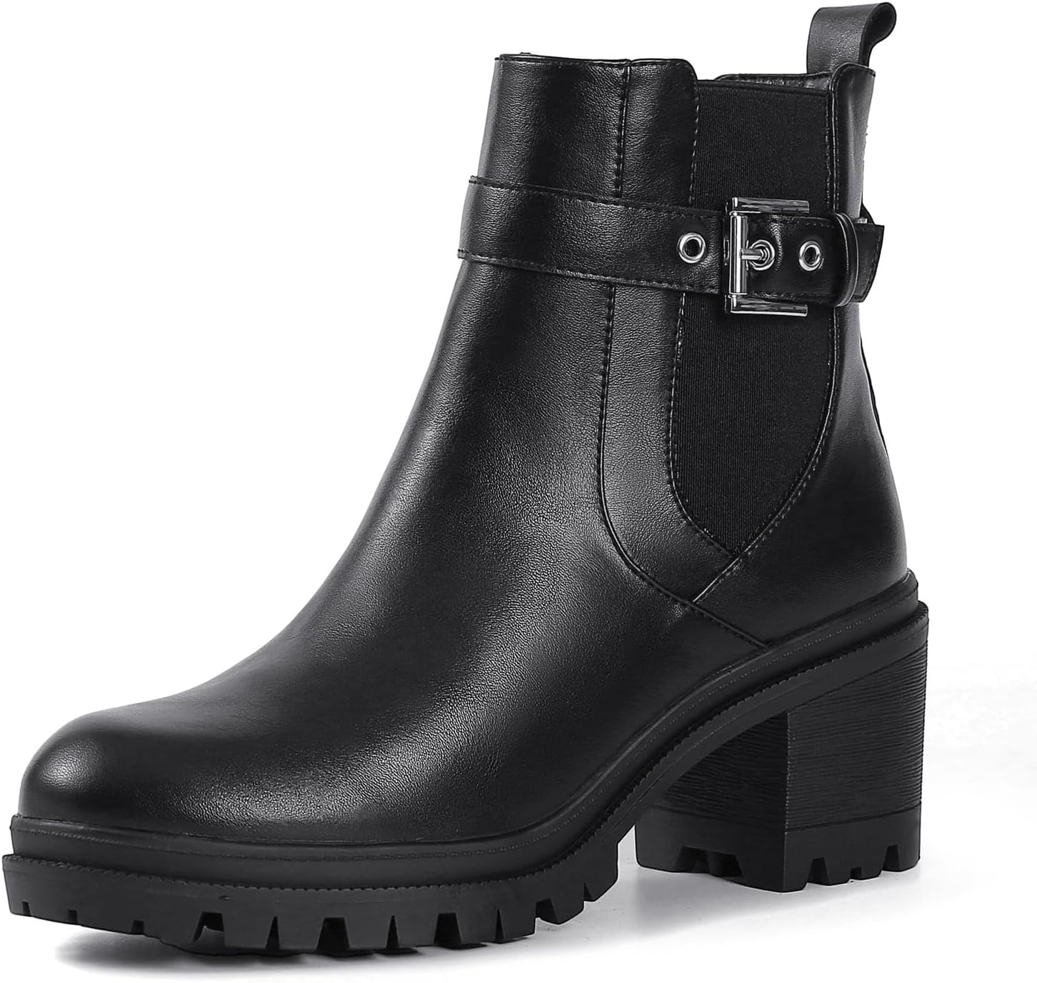 Shoe’N Tale Chelsea Boots for Women Ankle Boots Lug Sole Mid Chunky Heel Platform Round Toe Buckle Slip On Elastic Fashion Comfortable Booties