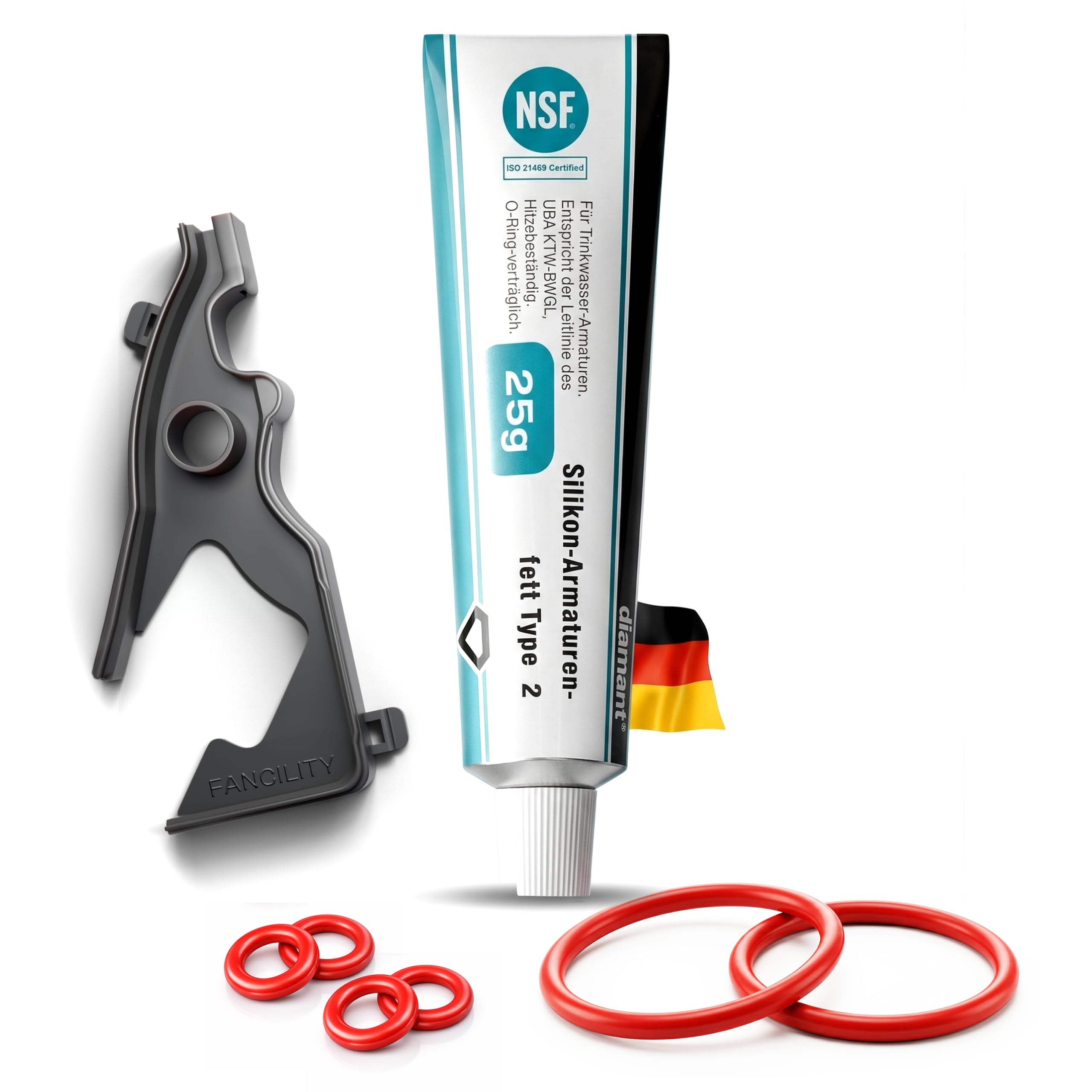 fancility® 8-teiliges Pflegeset & Ersatzteile für Siemens Brüheinheit EQ-Modellen (EQ9 EQ8 EQ7 EQ6 EQ5 Bosch Vero) - Inkl. 25g Silikonfett, 1 x Formdichtung & 6x O-Ring Dichtung Kaffeevollautomat