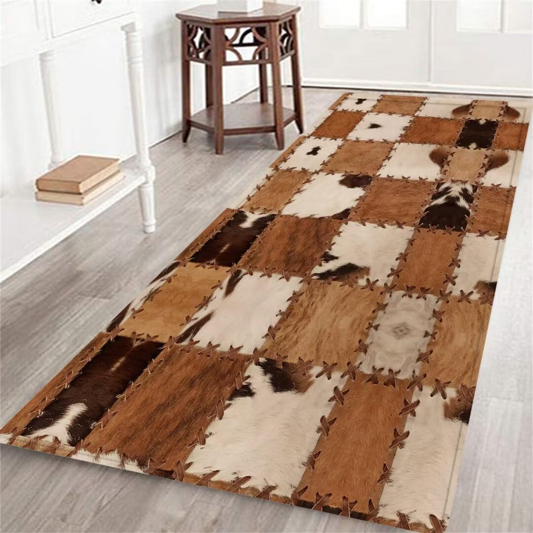 Cowhide Runner for Living Room and Hallway - Brown 2x6 Farmhouse Western Throw, Patchwork Cow Fur Print Area Non-Slip Floor Carpet for Bedroom,