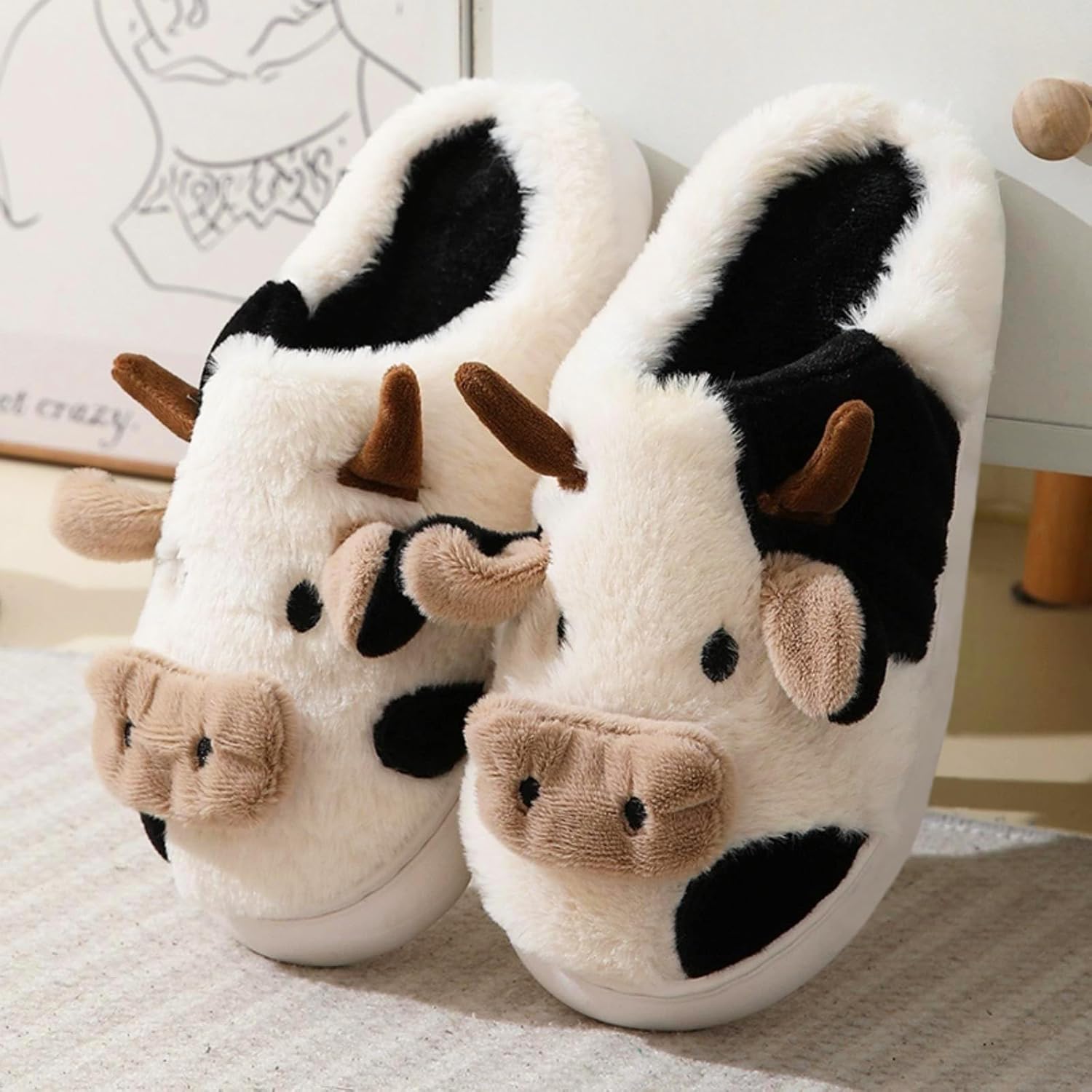 Cow Slippers for Women - Fluffy Animal Slipper for Adults, Cartoon Cute Bedroom Slides, Kawaii Winter Cotton Aesthetic House Shoes for Indoor and Outdoor Wear, Soft Fuzzy and Cozy - Image 9