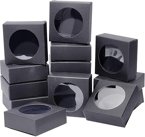 Miniatura 5 de BENECREAT Paquete de 24 cajas de papel kraft con ventana transparente de 3 x 3 x 1.2 pulgadas, cajas de embalaje de regalo de papel kraft negro para