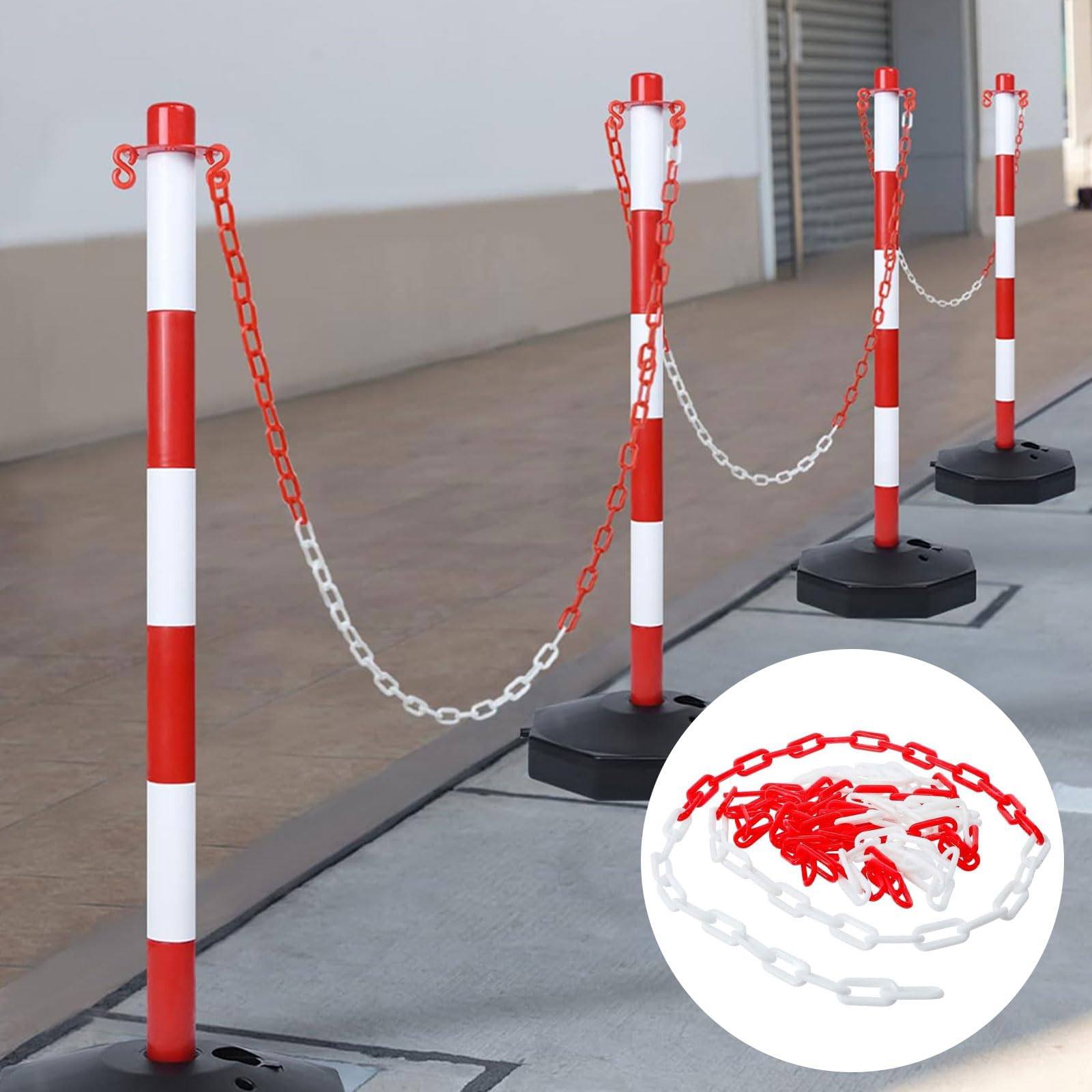 Cadena de seguridad roja y blanca 25 m 6 mm plástico con 4 mosquetones