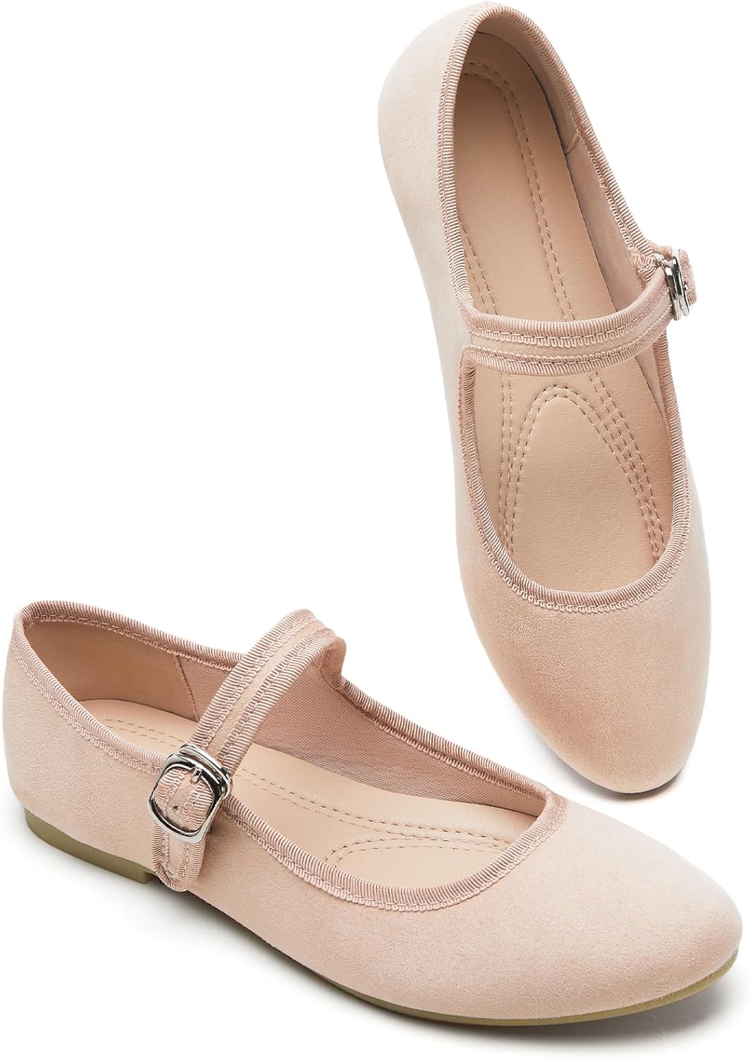 BABUDOG Womens Mary Jane Flats with Strap,Faux Suede Black Flats Shoes,Flats Shoes Women Dressy Comfortable