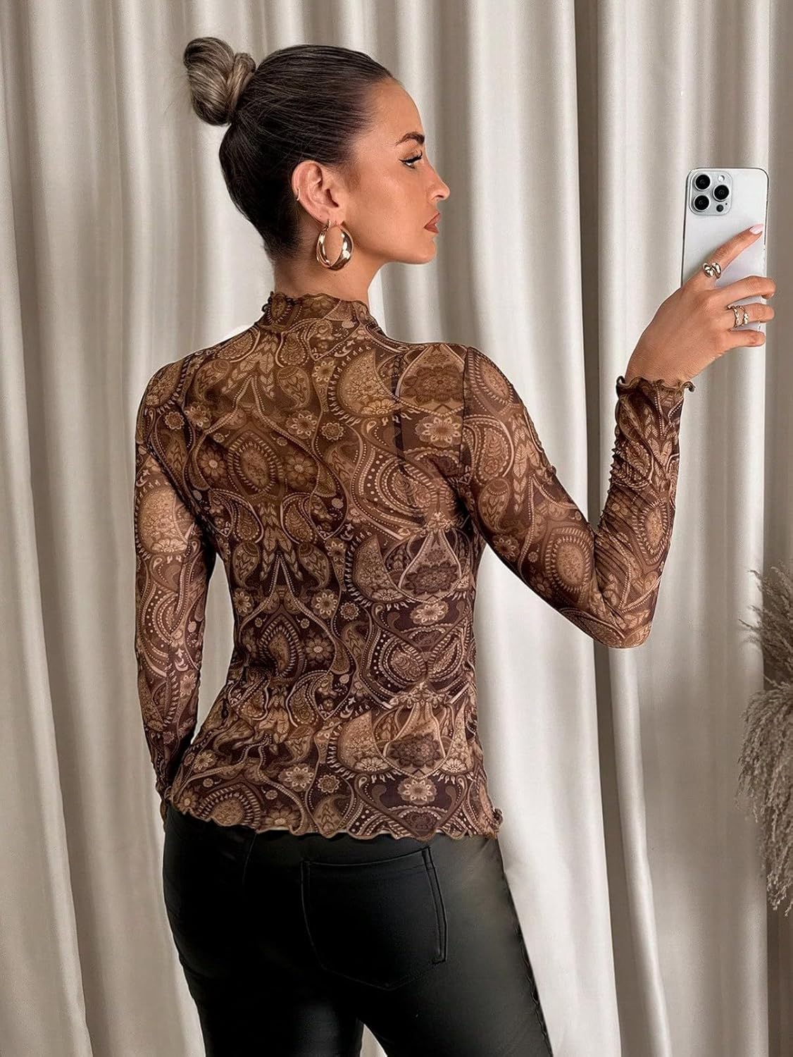 Women's Leopard Print Mesh Tops Long Sleeve Mock Neck Slim T-Shirt Tops Lettuce Trim Y2K Going Out Tops - Image 4