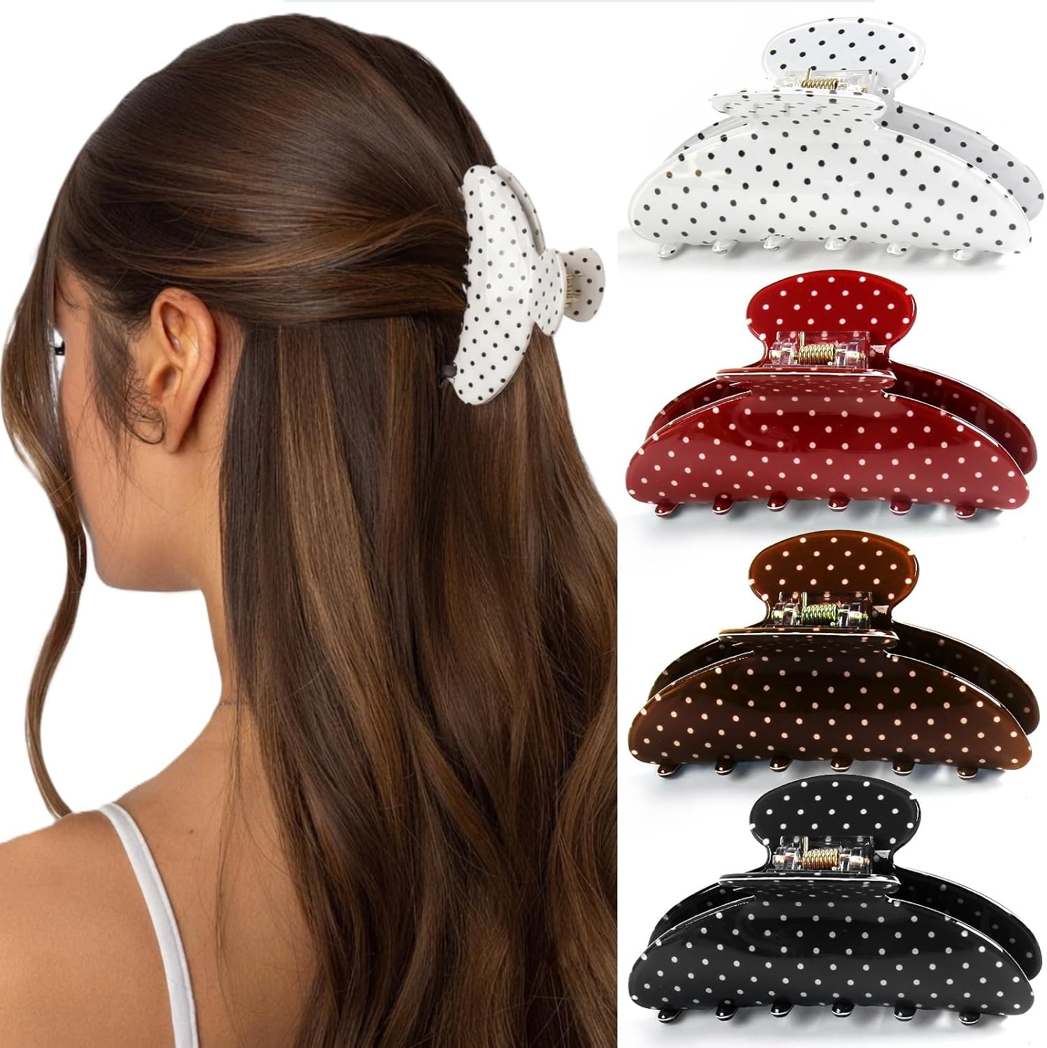 Polka Dot Hair Claw Clips 4 Pack, 3.5 Inch Cute Hair Clips for Women