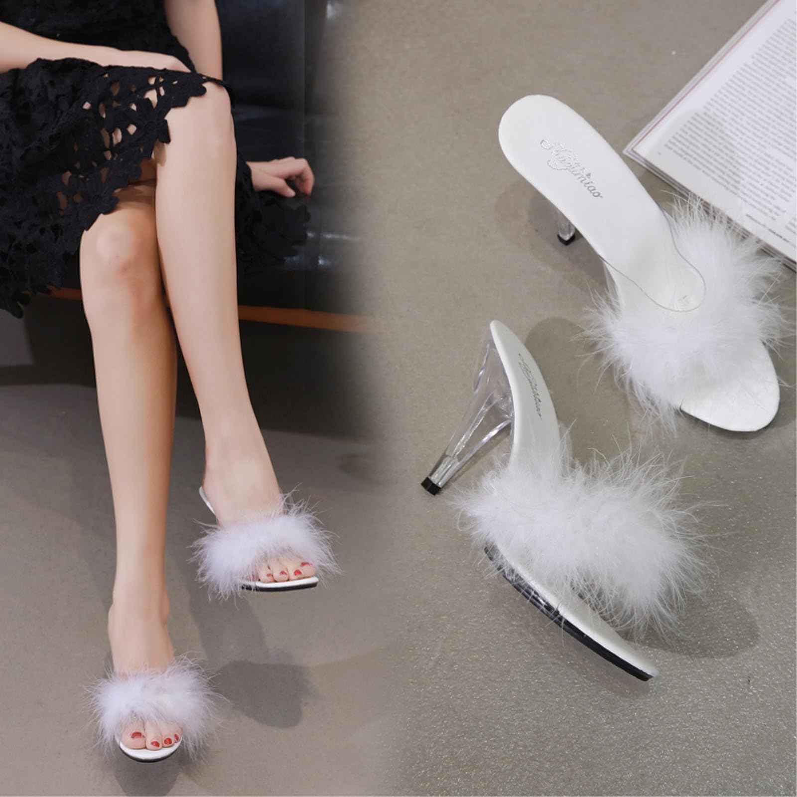 JJDFW Damskie Peep Toe Przezroczyste Obcasy Sandały Futrzane Klapki Przezroczyste Obcasy Platforma PVC Slajdy Duży Rozmiar Sandały Dla Kobiet Buty Nocne Wyjście, biały, 41 EU