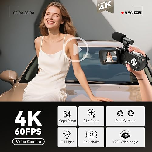 Miniatura 3 de Videocámara 4K 60FPS, UHD 64MP Vlogging Cámara dual para TikTok YouTube, zoom digital 21X 3 pulgadas IPS pantalla grabadora de video cámara con