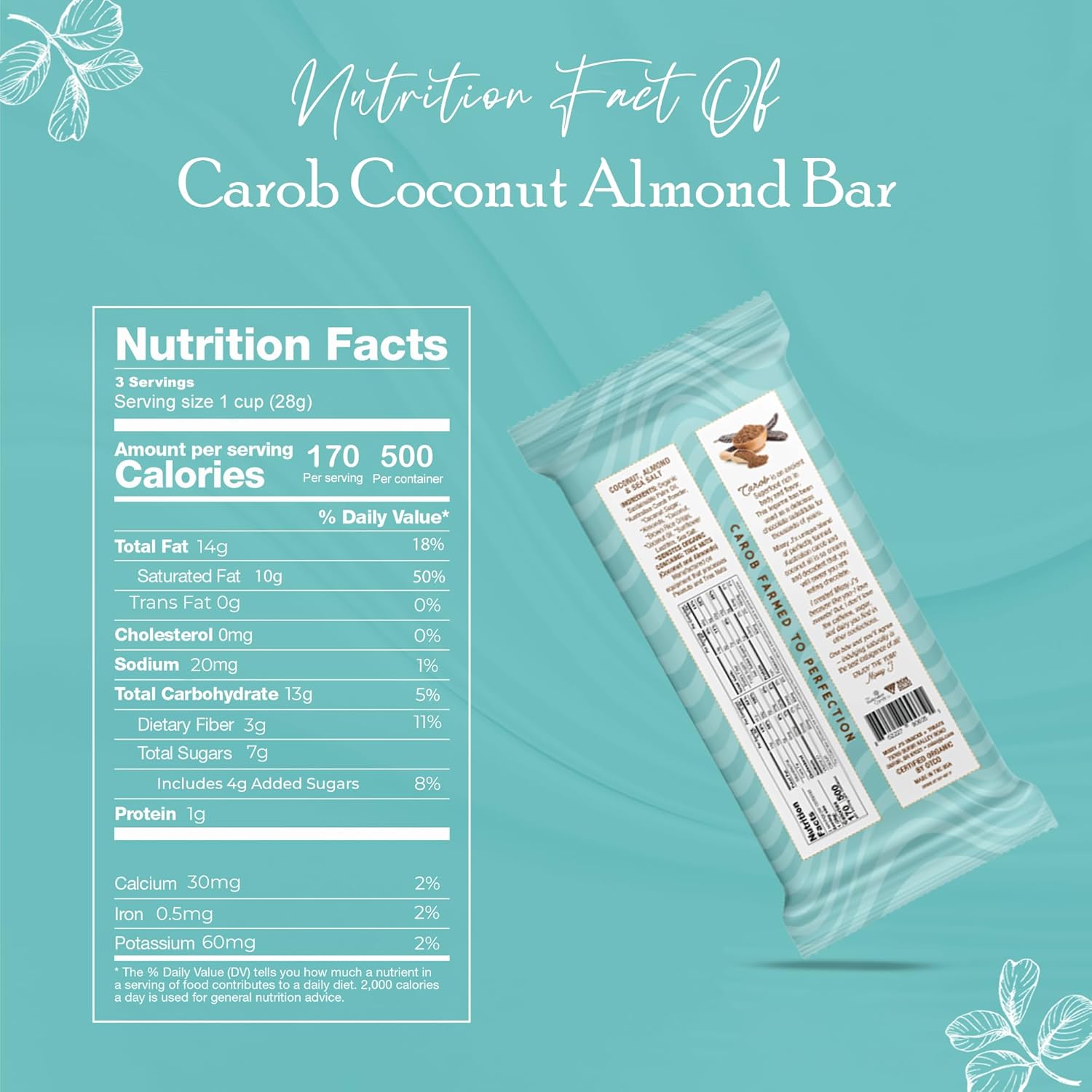 Missy J's Organic Coconut Almond Bar 3 Oz 6 Pack Made with Coconut Sugar, Vegan, Gluten Caffeine Free, Healthy Substitute for Chocolate, Perfect for Snacks and Treats