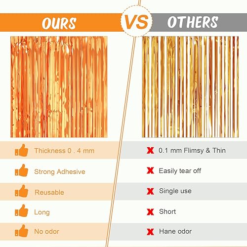 Miniatura 5 de Paquete de 2 cortinas de telón de fondo de flecos de aluminio naranja de 3.2 x 8.2 pies, decoración de fiesta de cumpleaños, suministros de fiesta