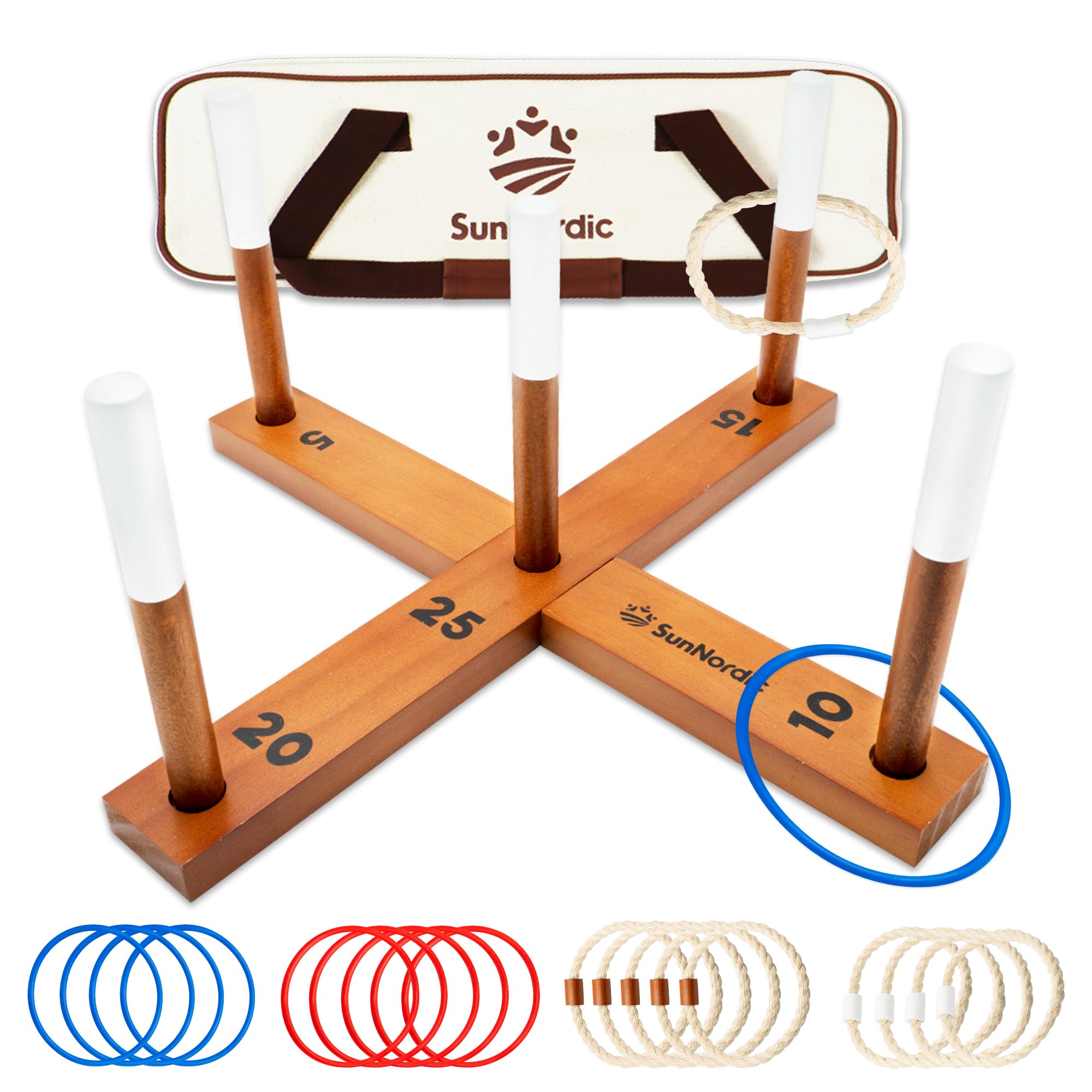 SunNordic Wooden Ring Toss Game Set, Backyard Beach Camping Game with Toss Rings & Portable Carrying Bag, Outdoor Lawn & Yard Games for Kids, Adults &
