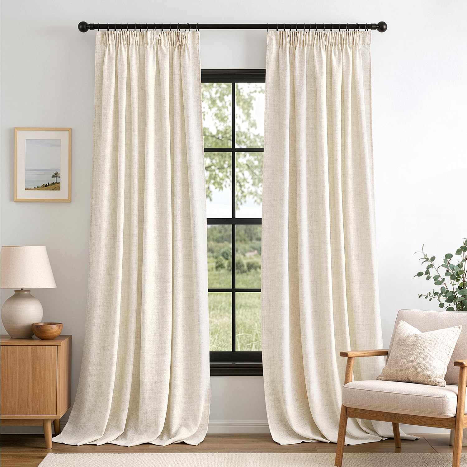 MIULEE Rideaux Aspect Lin Beige avec Ruban Lot de 2 140x260 cm | Tissu aspect lin semi-transparent pour salon et chambre; ruban pour une pose facile.
