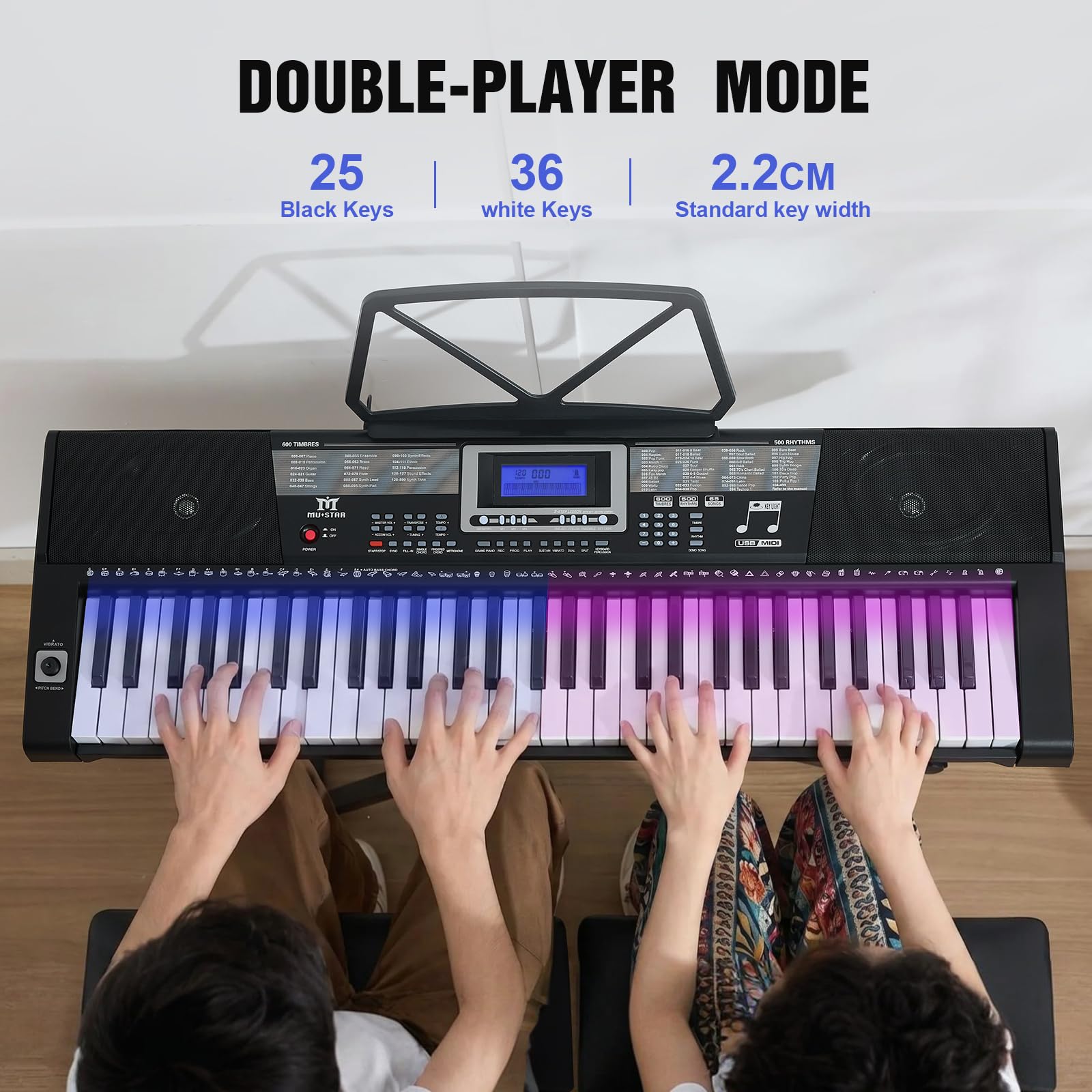 Mustar 61-Tasten-Keyboard-Klavier, elektronische berührungsempfindliche Tasten, tragbar, Kopfhörer, Mikrofon, Klavierständer und Hocker, Tasten in voller Größe, LCD-Bildschirm