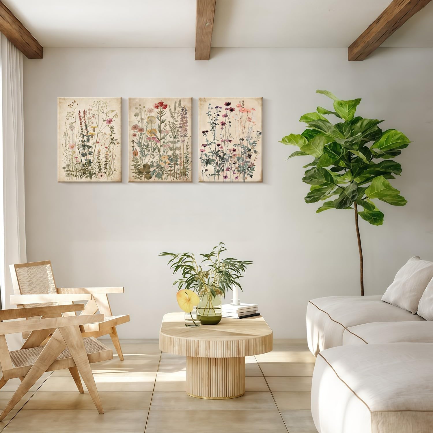 Framed Plants Wildflowers Canvas Wall Art Vintage Floral Painting Poster Pictures Gallery-Quality Prints Living Room Bedroom and Other Home Decor 24x16 inches x 3 Ready to Hang