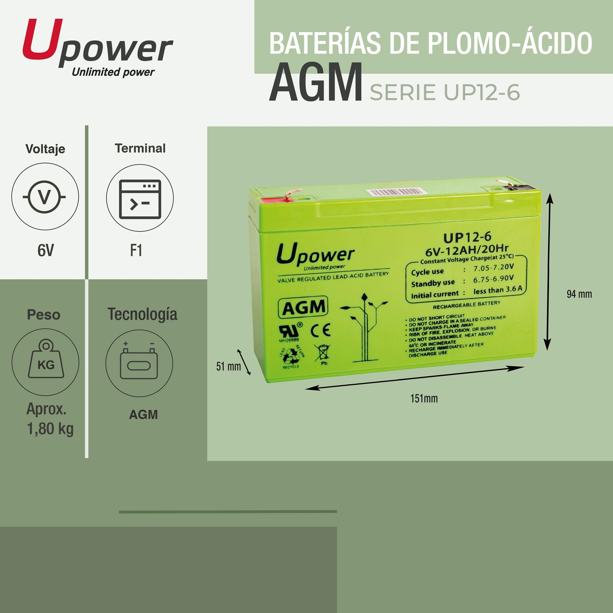 Image secondaire de Batterie AGM 6V 12Ah Master U-Power - Haute Performance et Entretien Minimal