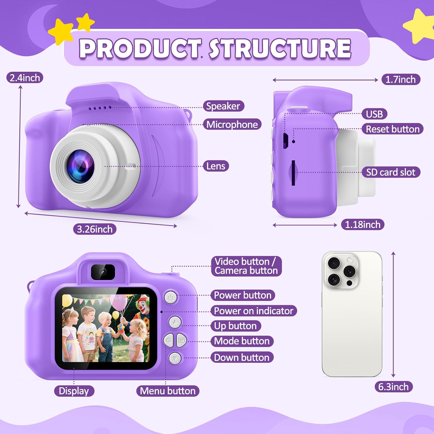 Kids Camera for Girls, 1080P HD Digital Camera with 32GB SD Card, 8MP Sky Purple Camera Toy for 3-12 Year Old Girls, Birthday Gift with 6 Filters, 20 Frames Video (Light Purple)
