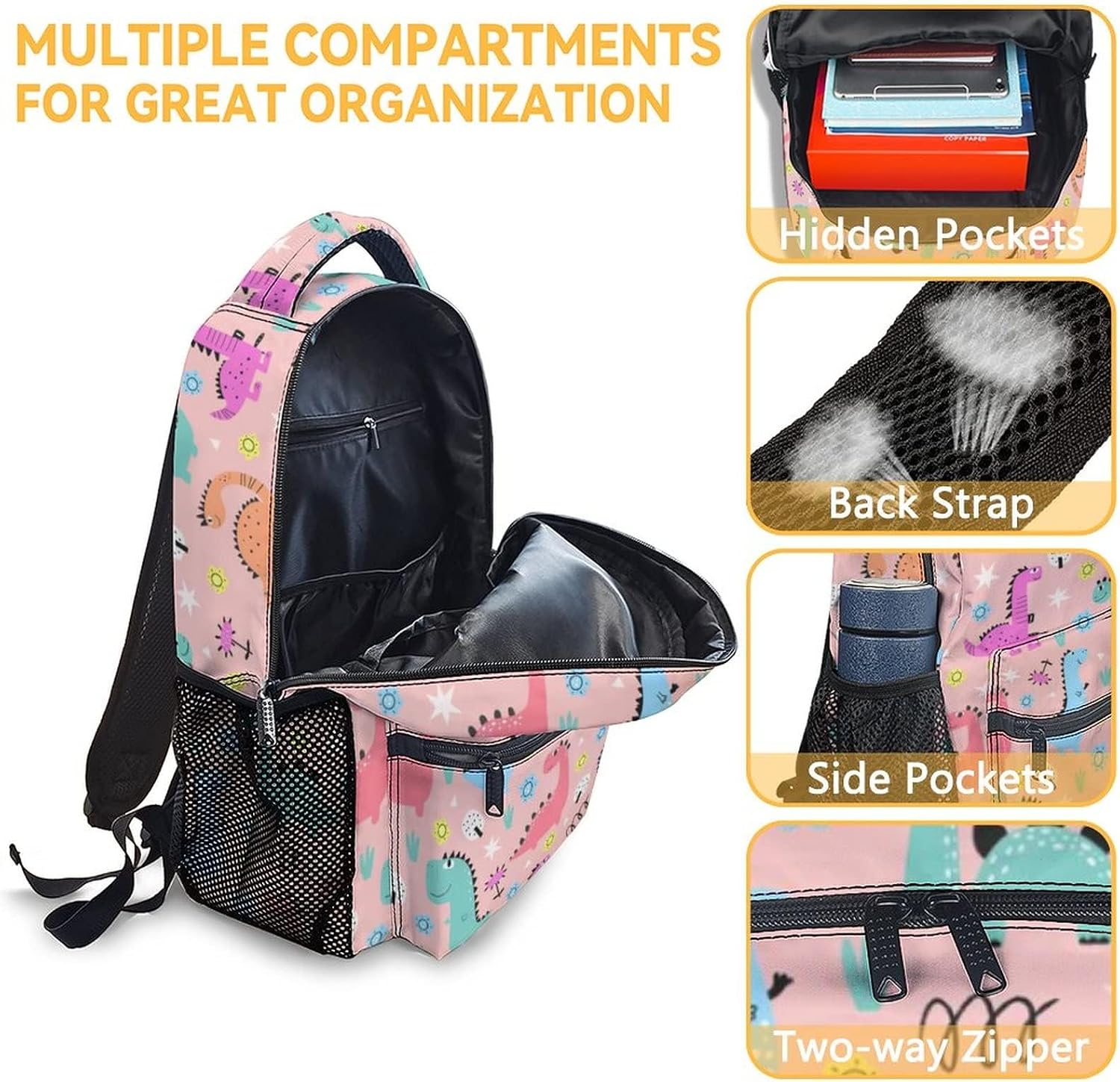 Dinosaur Backpack with Lunch Box for Girls - Set of 3 School Backpacks Matching Combo - Cute Pink Bookbag and Pencil Case Bundle