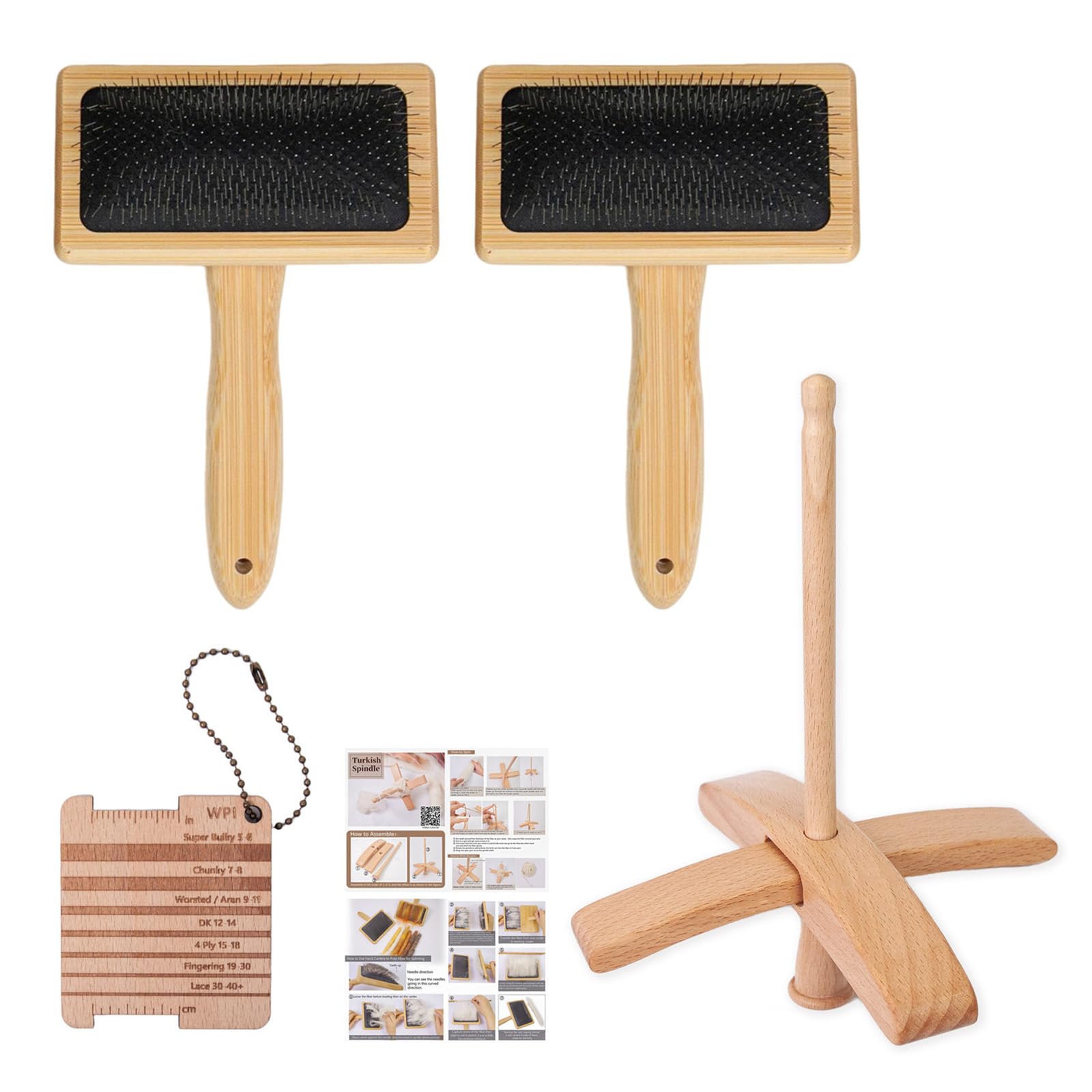 Hsioluted Spindle with Carding Brushes Crosses-Shaped Wooden Spindle Wool Carders for Yarn Weaving Wool Crocheting with Carding Brushes