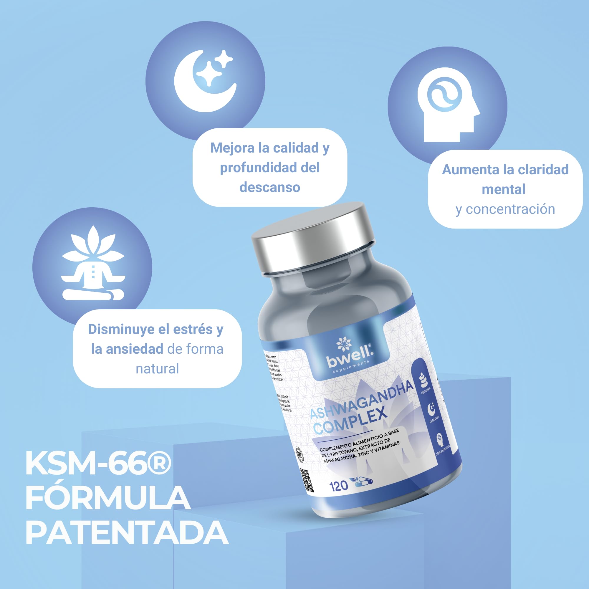 Ashwagandha Ksm-66 Pura 600mg Alta Biodisponibilidad Nootropico Natural 120 Capsulas para Cortisol Estres Sueño Sistema Inmunitario Extracto Raiz Zinc Triptofano Ingredientes Naturales sin OGM BWELL