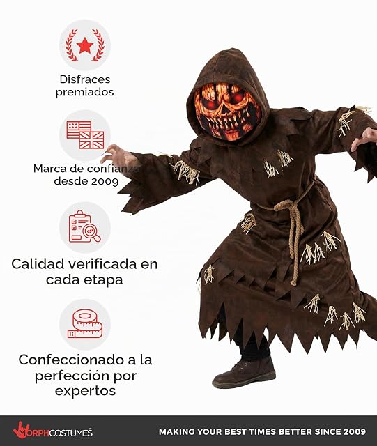 Foto 5 de 8 de Morph Disfraz Calabaza y Espantapájaros Niño y Niña, Máscara Calabaza, Disfraces Halloween Niños Miedo, XL