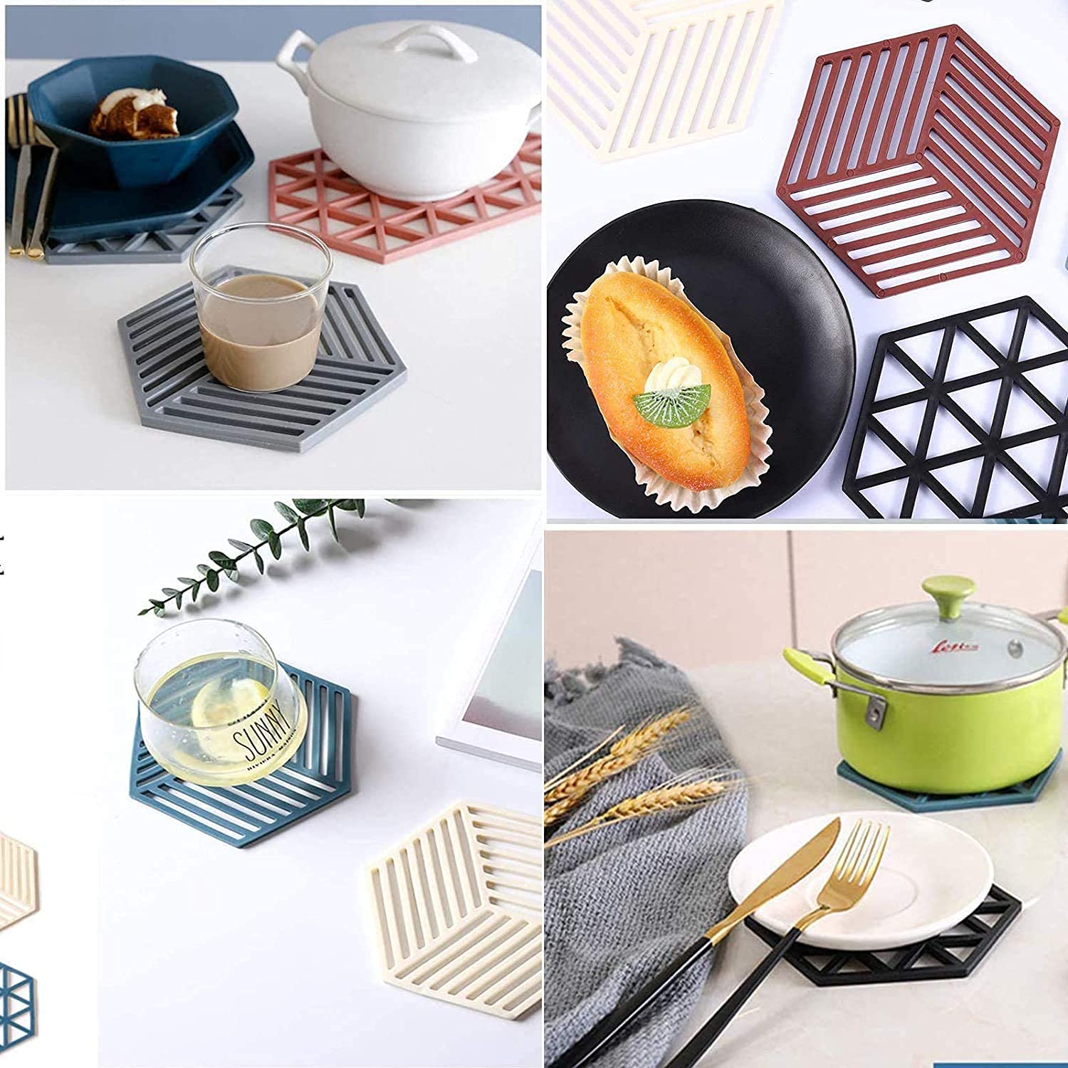 SHFTI Silicone Pot Holder Trivet Mats, Hot Pads Spoon Rest, Heat Resistant Table Dish Drying Mat, Non Slip, Flexible, Durable, Dishwasher Safe (Pack of 8, Mix Pattern) 2