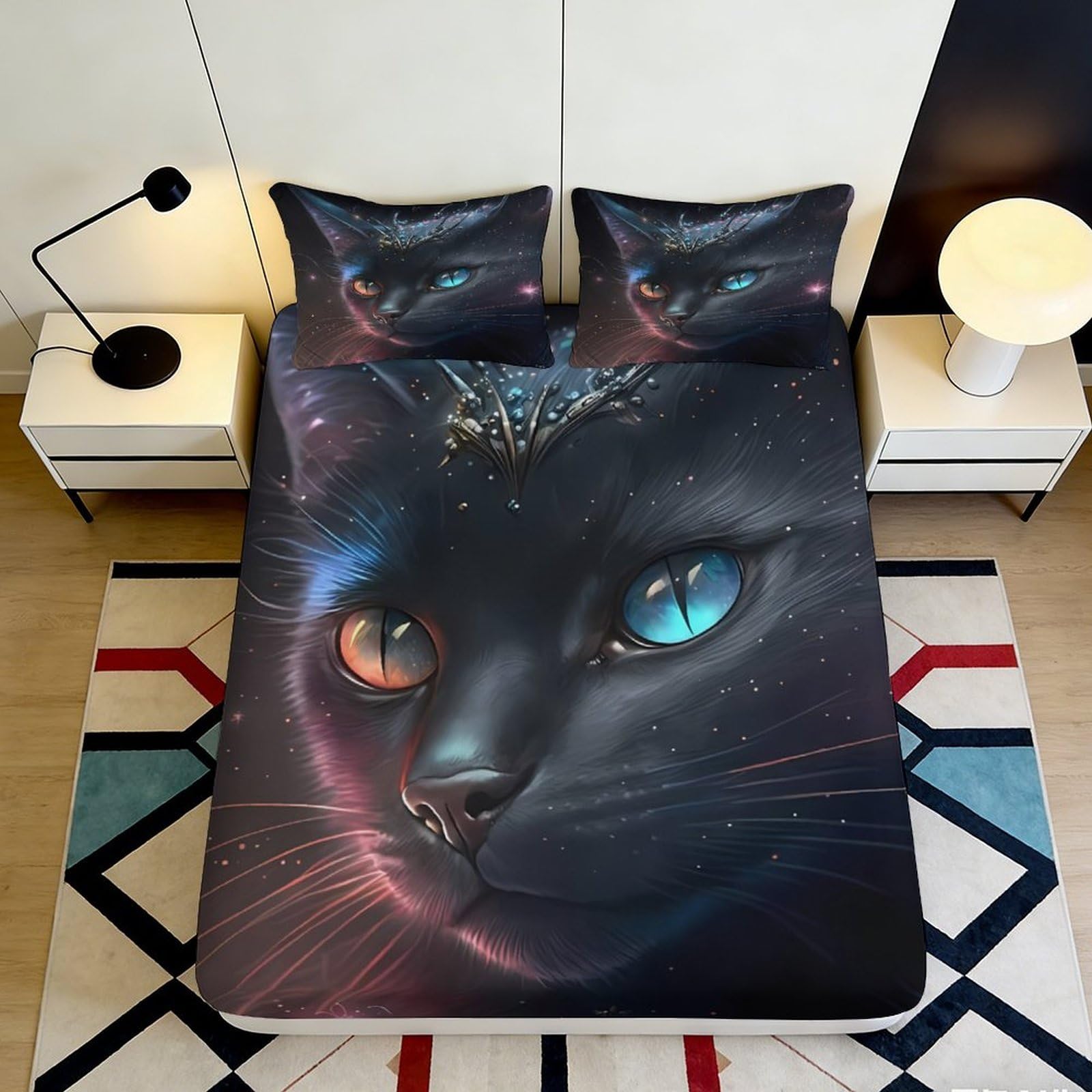 3D Printed Galaxy Cat Fitted Sheet Microfiber Soft Anti-Slip Cosmic Nebula Mattress Cover for Bedroom Dorm Decor 200x200x25cm