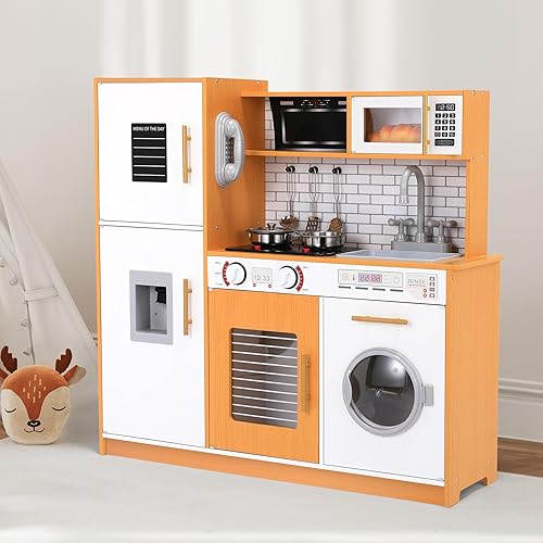 Miniatura 8 de Juego de cocina para niños, juego de juguetes de madera con diseño realista, sonidos de luces, ollas y utensilios para niños y niñas a partir de 3