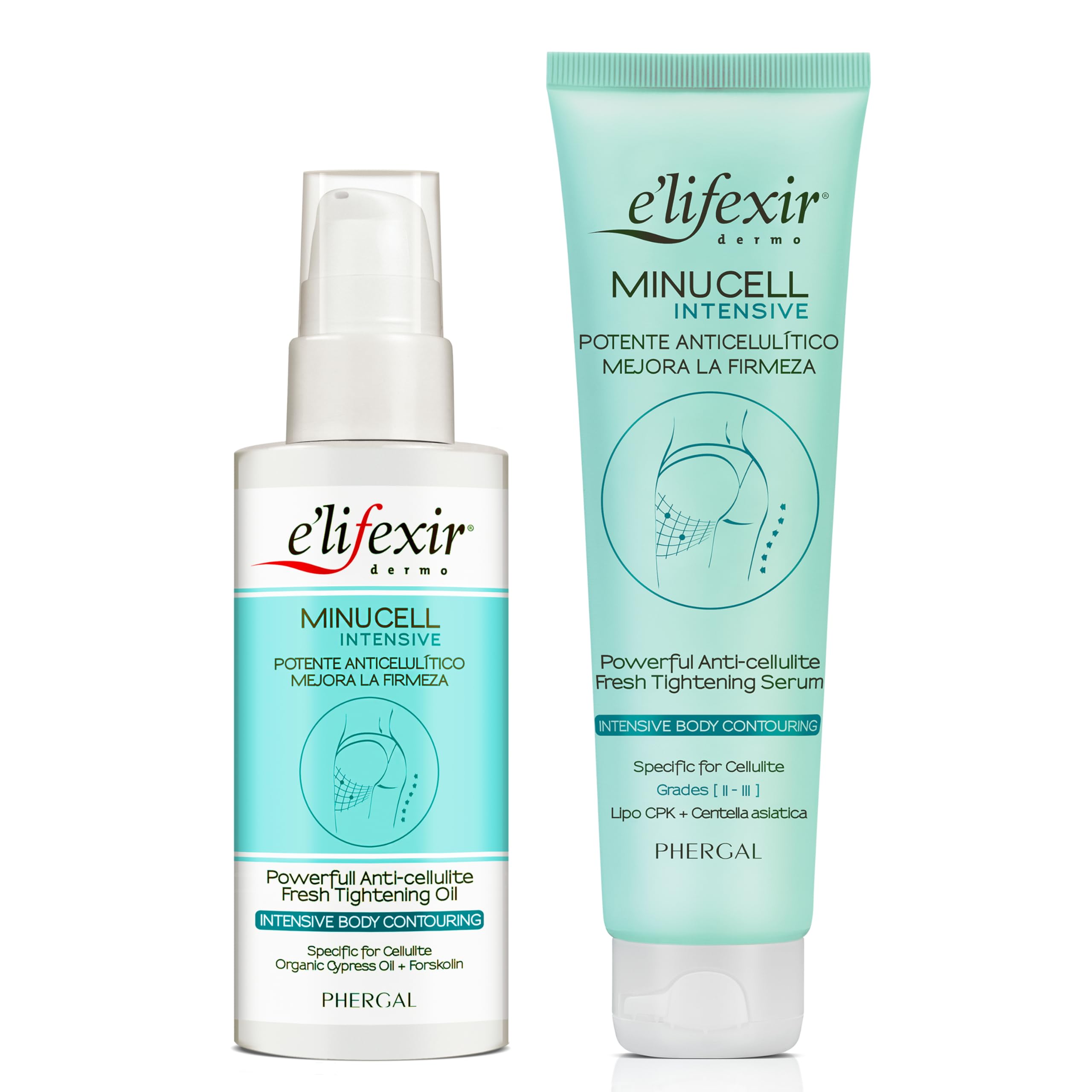 Elifexir | Aceite + Sérum Minucell Intensive | Potente anticelulítico | Mejora la Microcirculación, Reduce Celulitis II, III y Mixta | Drena, Reafirma | Centella Asiática + Cafeína | 100 ml + 150 ml