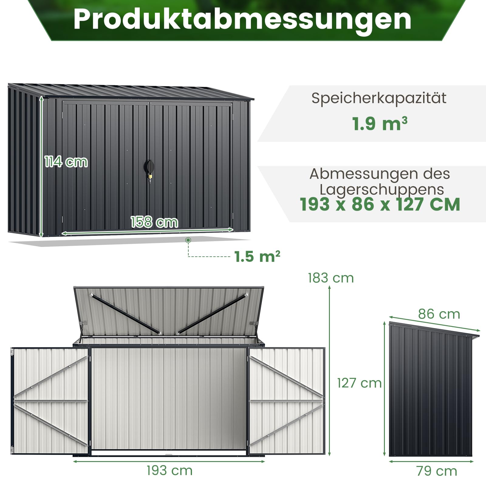 COSTWAY Mülltonnenbox für 2 x 120 L Mülltonnen, wetterfester Gartenschuppen mit abschließbarer Tür, Outdoor Geräteschuppen aus Metall, Gerätehaus für Fahrrad, Werkzeug