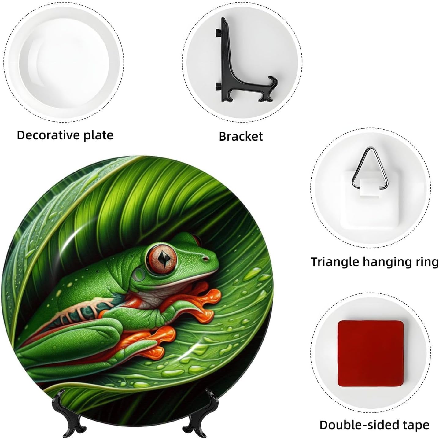 Tree-Frog-Nestled-Leaf 10 Inch Decorative Plate With Stand, Elegant Display Wall Plate For Home Decor