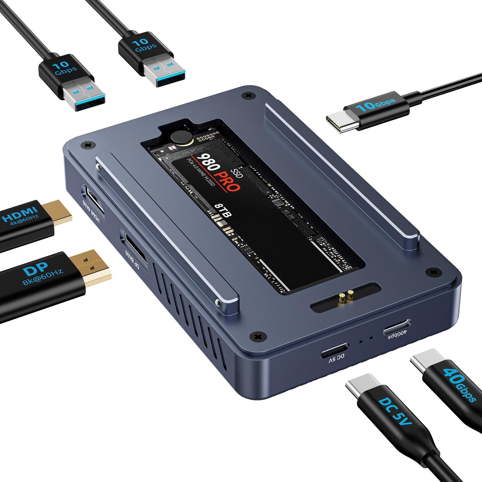 ACASIS Case SSD M2 NVMe 40Gbps, TBU405 Plus Compatibilità con Thunderbolt 4/3/, Con 1 DP(8K60Hz)+1 HDMI, 3 porta USB 10Gbps (2A+1C),NVMe Case Support SSD 2280/2260/2242/2230 B+M M-Key