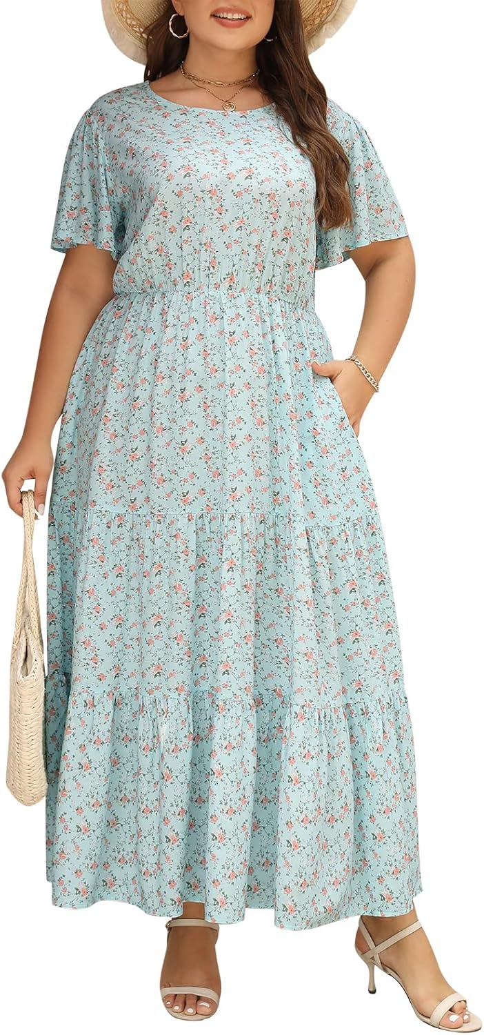 Nemidor Plus Size Maxi Dresses for Curvy Women Summer Casual Boho Ditsy Floral Print Layered Flared Long Dress with Pocket
