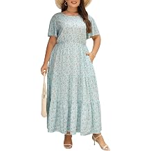 Nemidor Plus Size Maxi Dresses for Curvy Women Summer Casual Boho Ditsy Floral Print Layered Flared Long Dress with Pocket