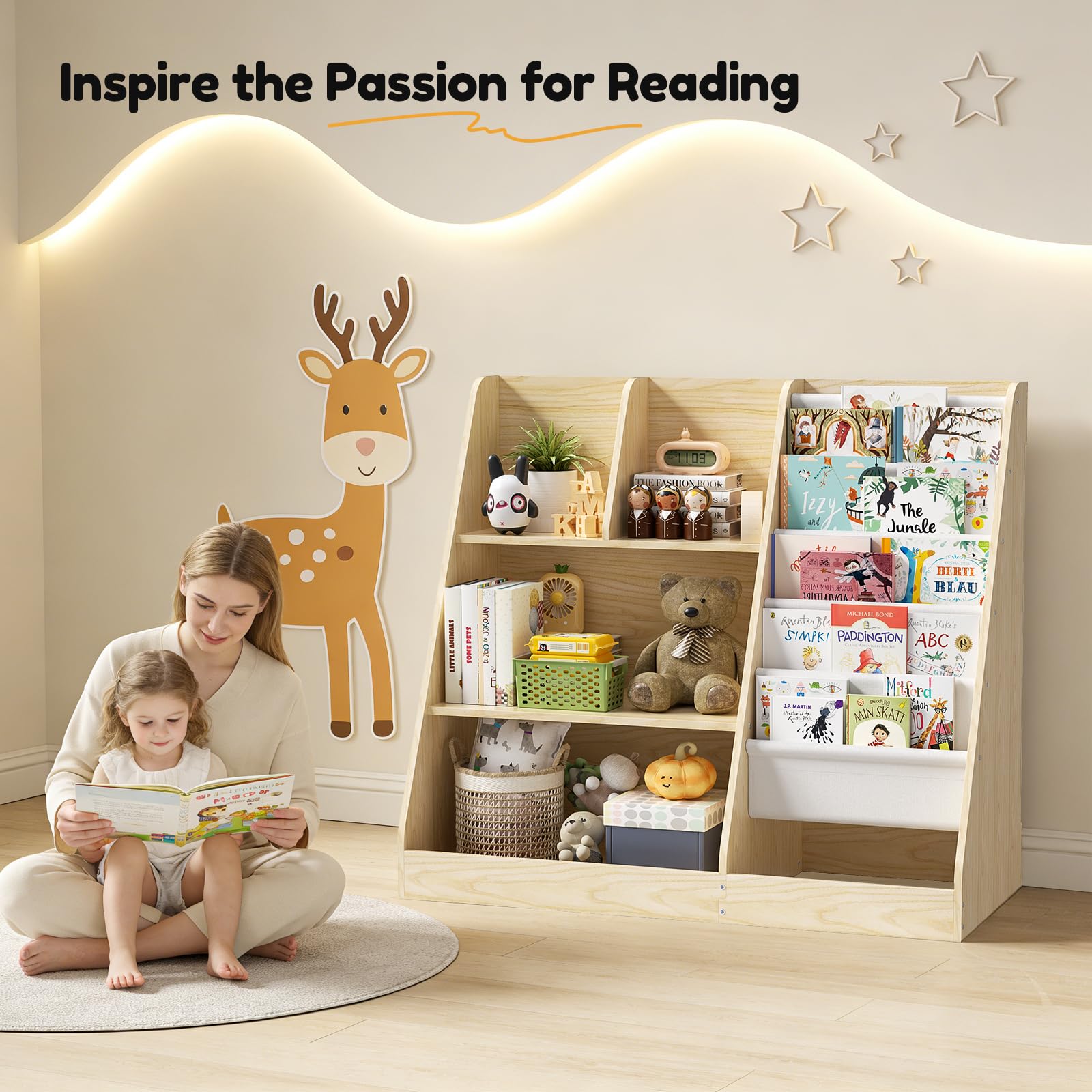 Libreria per bambini, a 5 ripiani, con 4 scomparti aperti, libreria in legno per bambini, camera da letto, sala giochi, aula e asilo nido