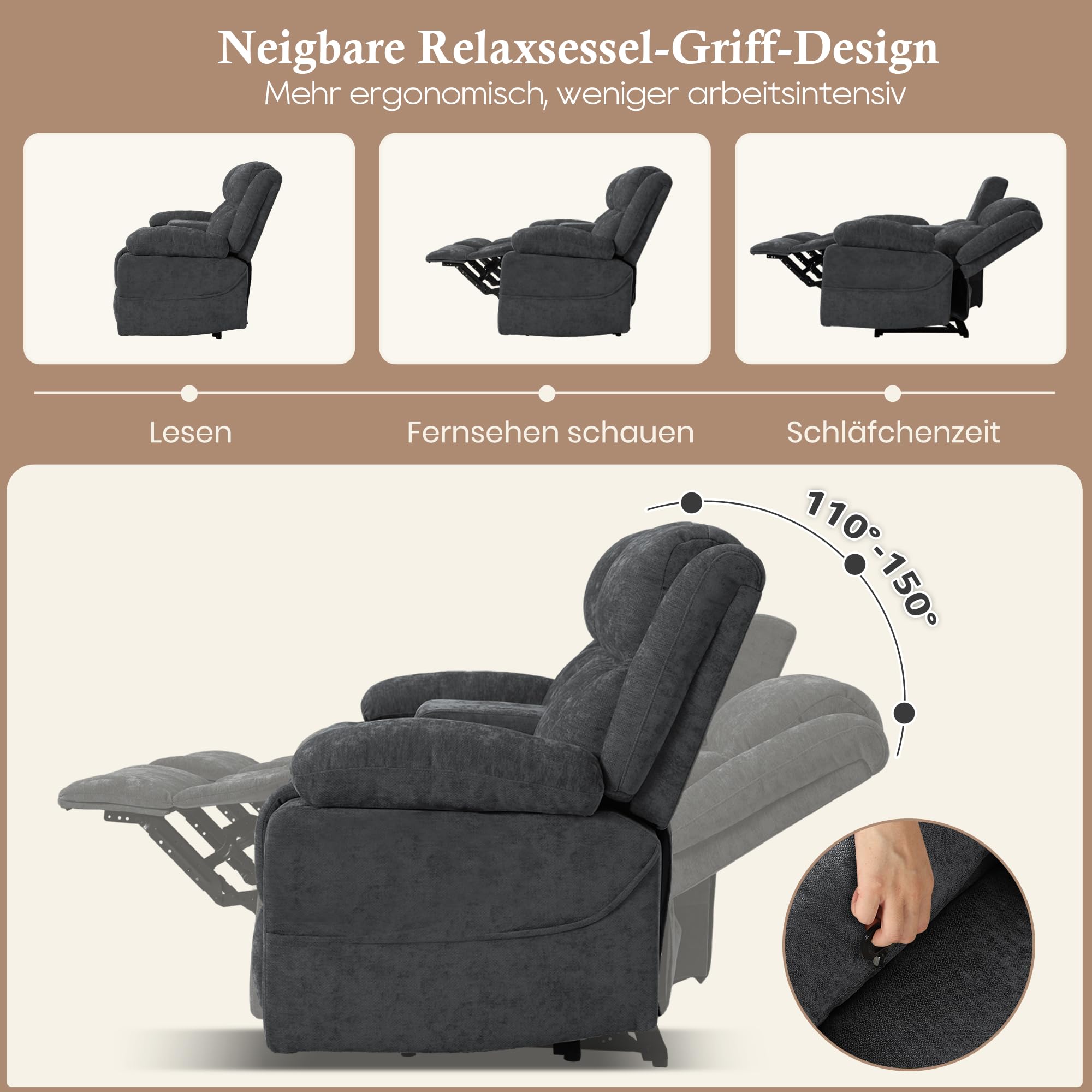 Zweisitziges Relaxsofa mit manueller Liegefunktion, Stoffbezug, Mittelkonsole mit Becherhaltern & Seitentasche – Doppel-Liegesofa ideal für Wohnzimmer, Büro oder Wohnung (Grau)