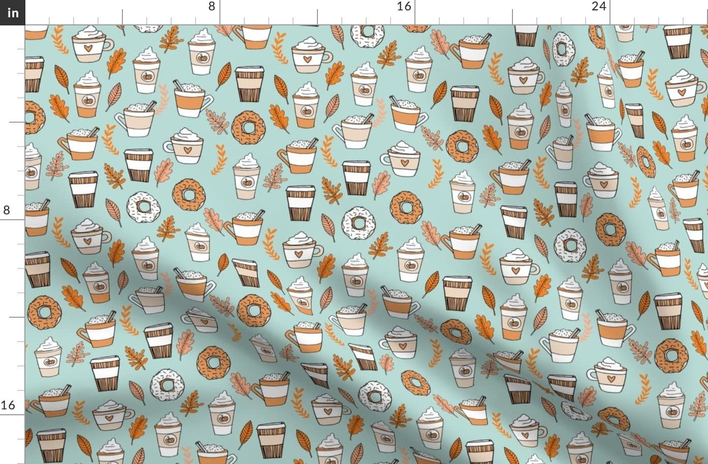 Spoonflower Fabric - Pumpkin Spice Latte Coffee Donuts Fall Autumn & Aqua Teal Mint Printed on Organic Cotton Sateen Fabric by The Yard - Sewing Quilting Apparel Home Decor