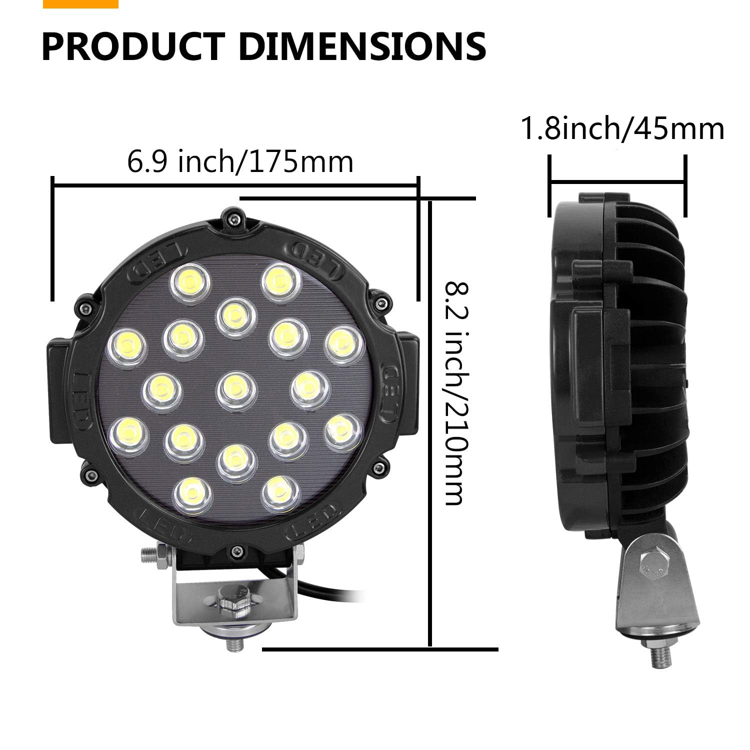 RIGIDON Okrągłe oświetlenie robocze LED, 18 cm, 51 W, wiązka powodziowa, 12 V, 24 V, lampa do samochodu, terenowego, łodzi, ciężarówki, 4 x 4 SUV, ATV, ciągników, koparek, 6000 K, biała, lampa