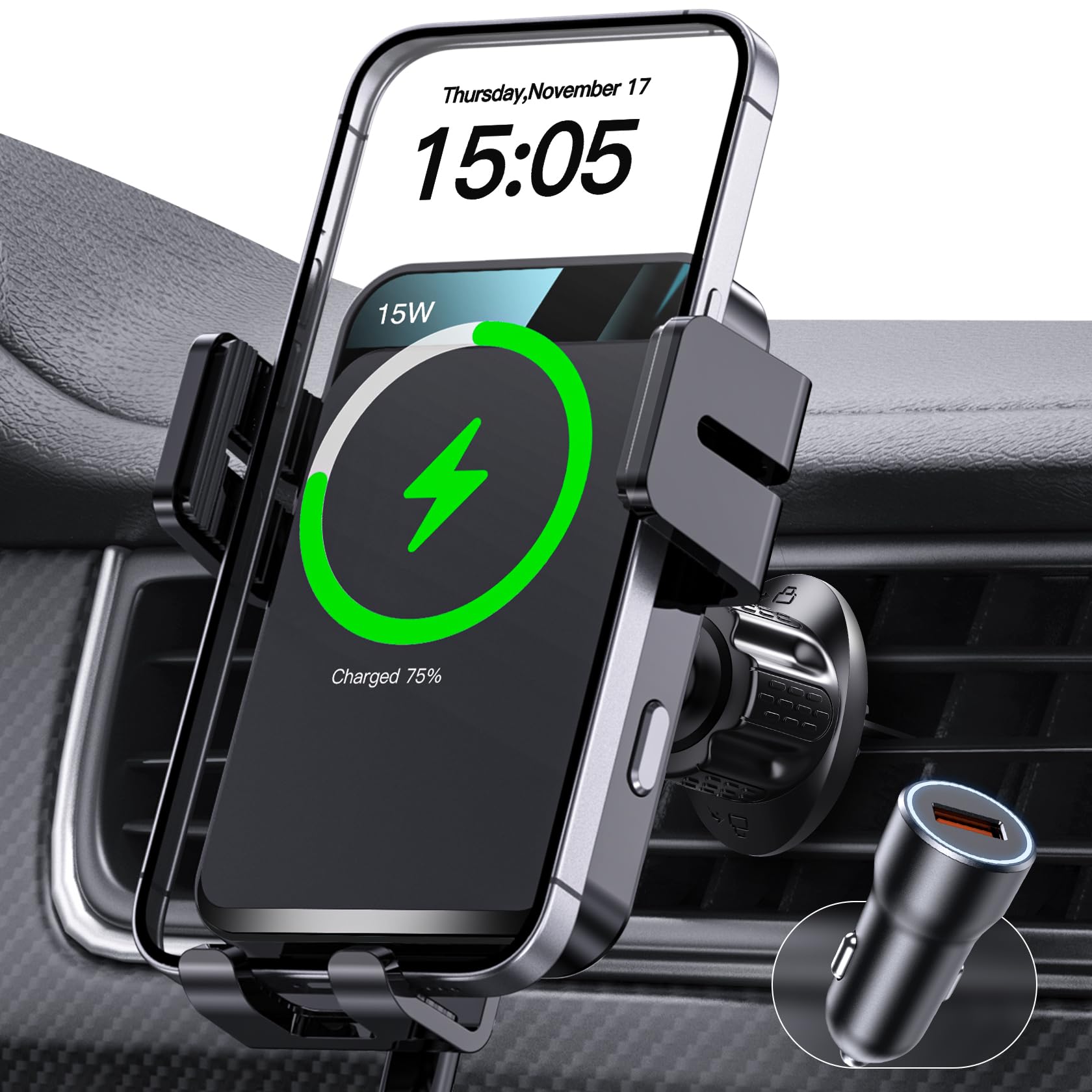 MOKPR 15W Handyhalterung Auto mit Ladefunktion, Induktive Ladestation Auto | Handyhalterung Auto Induktives Laden Handyhalterung für iPhone 17/16/15/14/13/12 Samsung Huawei LG Xiaomi usw (Dunkelgrau)