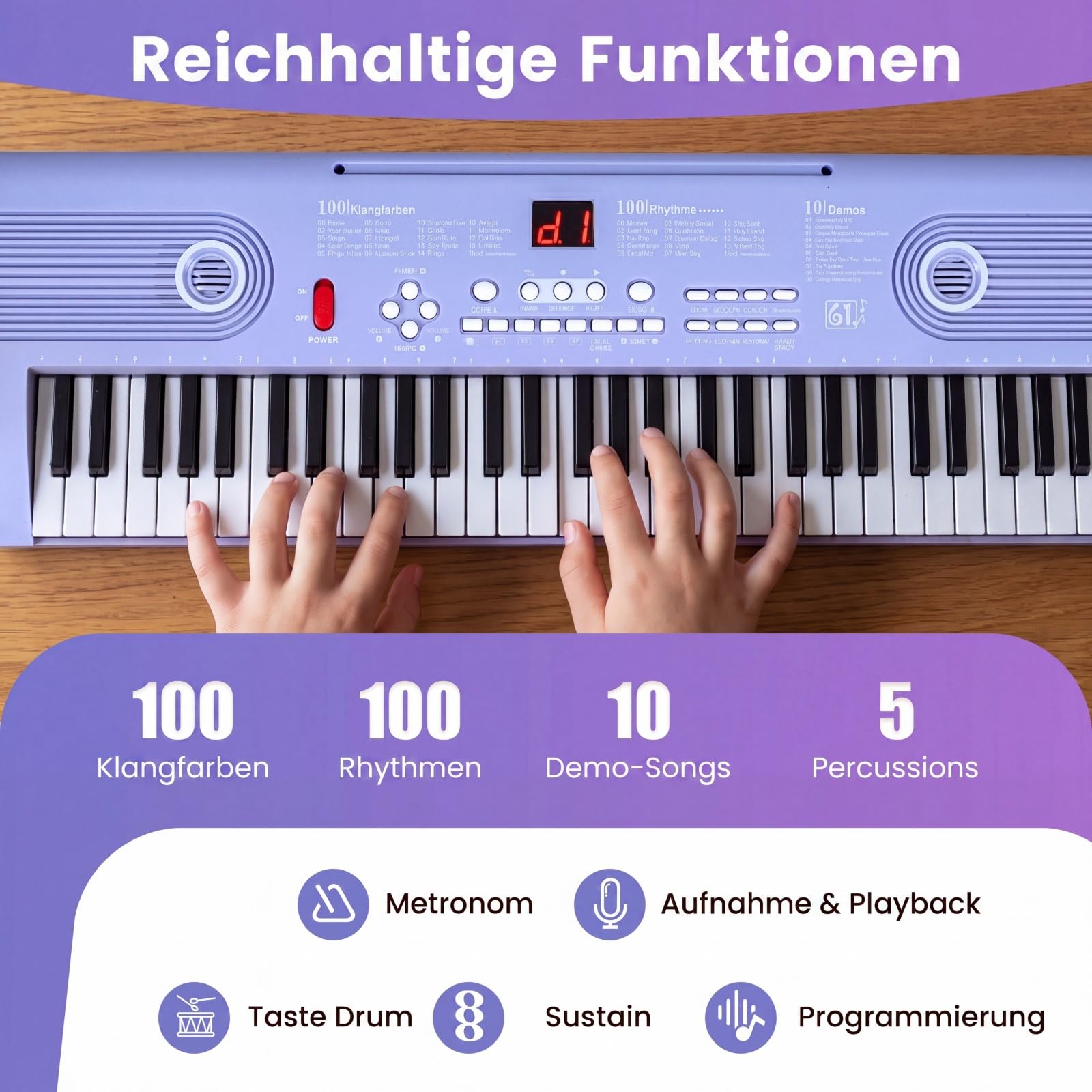 COSTWAY Keyboard Piano 61 Tasten, Digital Piano mit Ständer & Mikrofon & Tragetasche, E-Piano für Einsteiger, Klavier für Kinder Jungen (Lila)