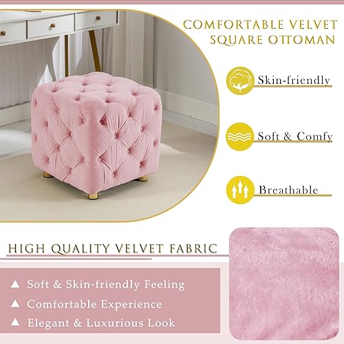 Miniatura 4 de Reposapiés otomano tapizado de terciopelo, moderno taburete cuadrado con decoración de botones, cómodo reposapiés copetudo para sala de estar,