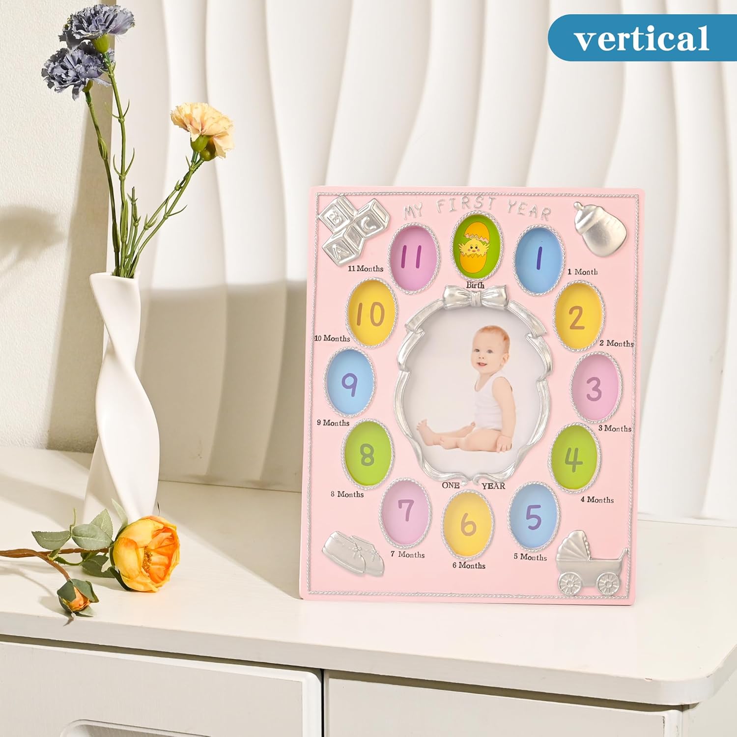 My First Year Photo Frame – Baby's Monthly Milestone Memory Display | Classic Baby Picture Frame Keepsake for Boys & Girls | 12 Monthly Photo Slots in Pink | Nursery Wall Décor