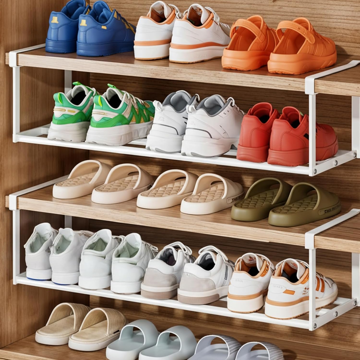 2 Pcs Expandable Shoe Rack Organizer, Adjustable Retractable Shoe Racks, Multifunctional Under Cabinet Hanging Shelf for Closet Storage, White, 16.5-31.5 Inch, Space Saving