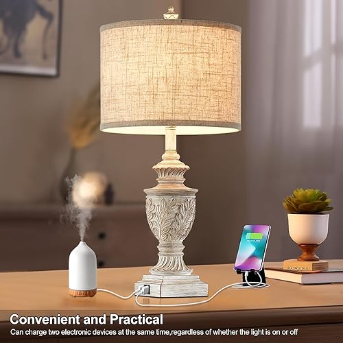 Miniatura 4 de Juego de 2 lámparas de mesa tradicionales de granja para sala de estar, lámpara de noche rústica vintage de resina con puertos USB duales, lámparas