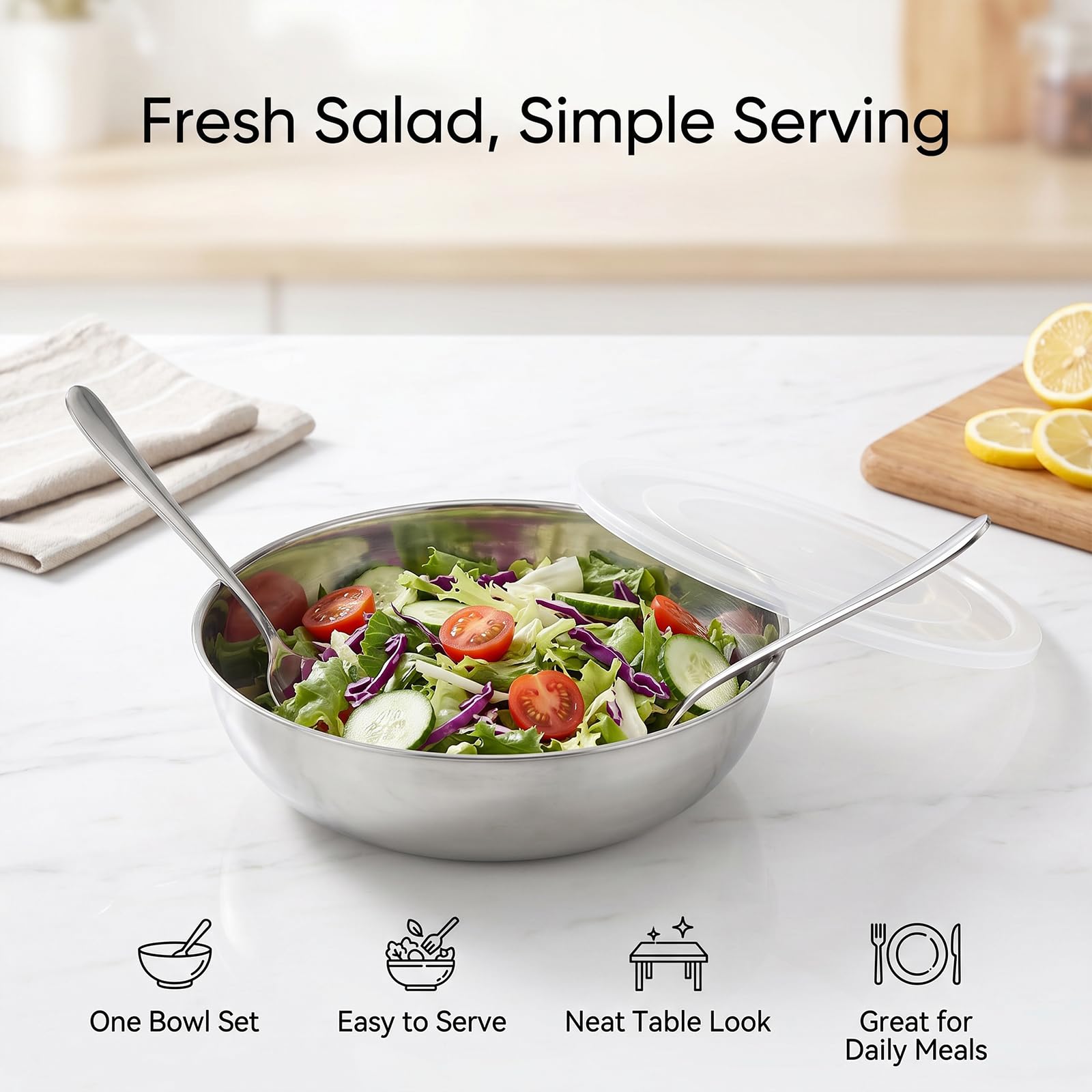 Ensaladera de acero inoxidable con tapa y cubiertos para ensalada, 32 cm, cuenco grande con cubierta transparente, juego de cuencos para servir con cuchara de ensalada y tenedor de ensalada