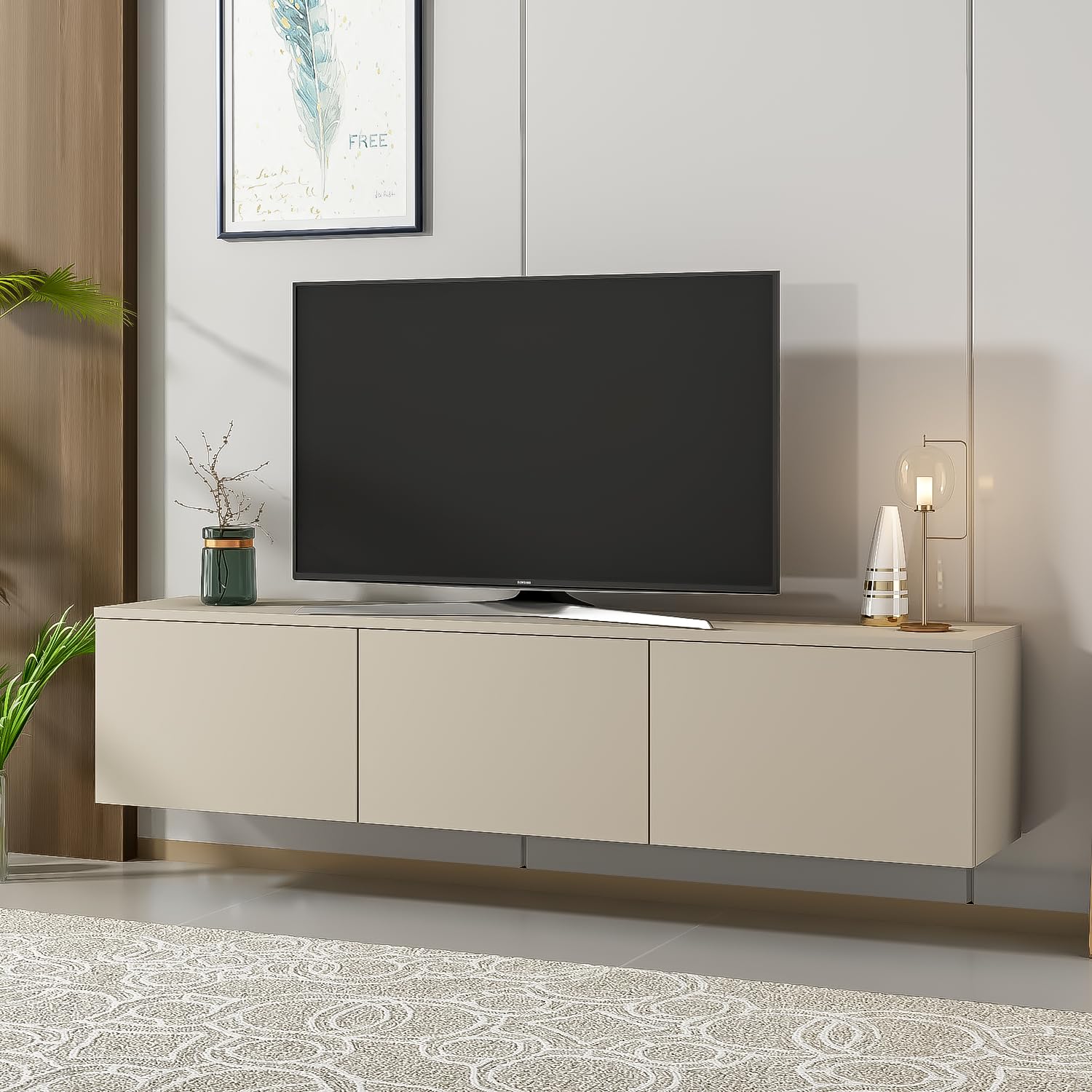 Homidea Vesta LED Meuble TV suspendu 160 cm - Moderne meuble TV mural avec éclairage LED intégré, portes rabattables et espace de rangement pour salon (Beige)