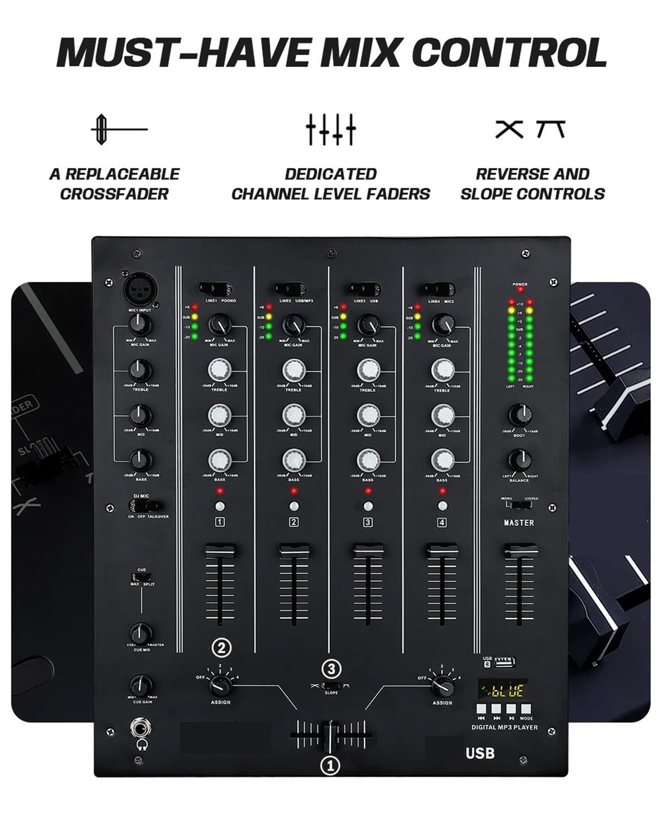 DJ Controller, Mixer DJ USB a 4 canali con interfaccia integrata, equalizzatore a 3 bande, ingresso fono e crossfader sostituibile for DJ Stage
