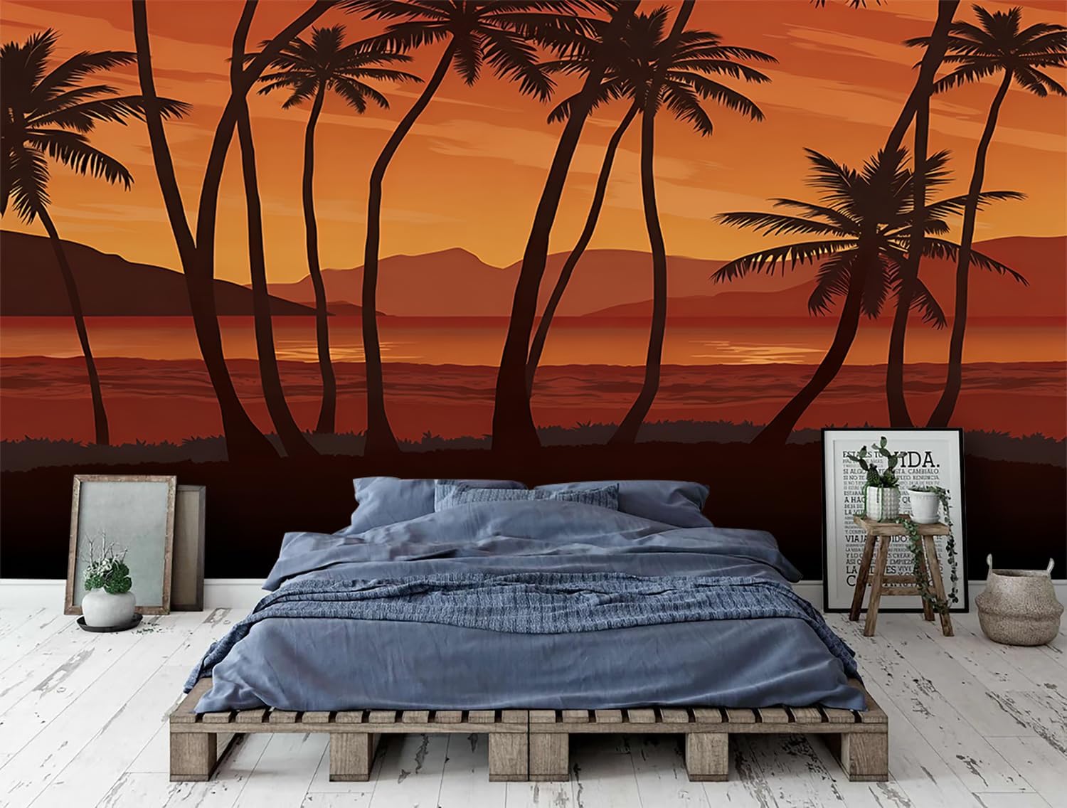 PVC Wallpaper Wall Mural Palm Tree Sunset Landscape Tropical Scenery Peel & Stick Removable Wall Paper 100x144" for Living Room Wall Decor Home Décor