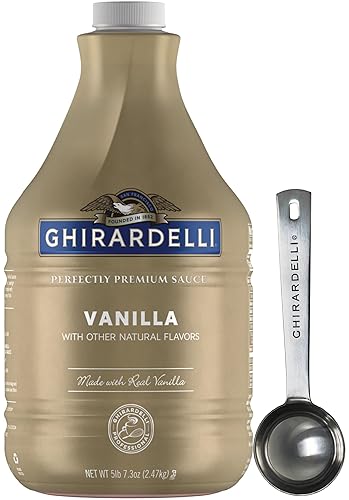 Salsa de vainilla Ghirardelli, botella de 87.3 onzas, con cuchara barista estampada Ghirardelli