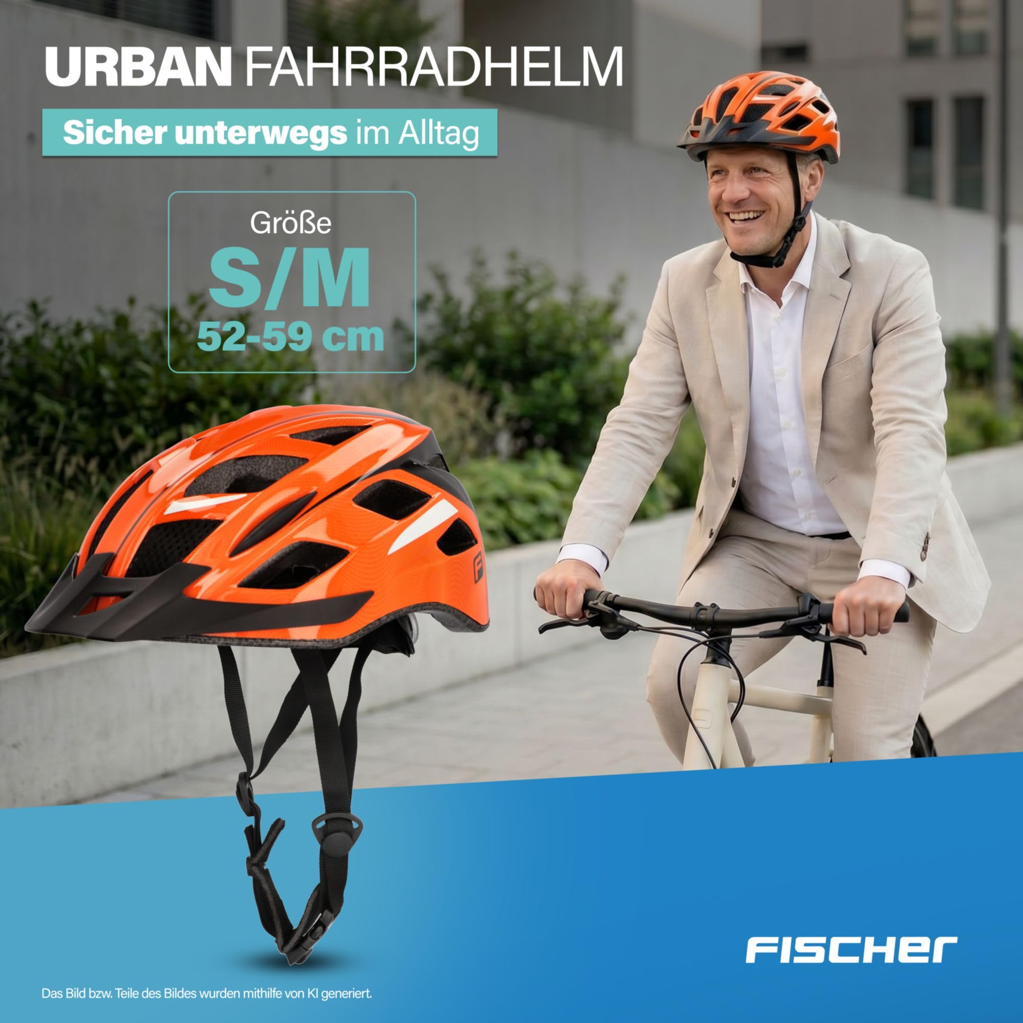 FISCHER Kask rowerowy dla dorosłych, kask rowerowy miejski, rozmiar S/M, 52-59 cm, pomarańczowy, z podświetlanym systemem pierścienia wewnętrznego