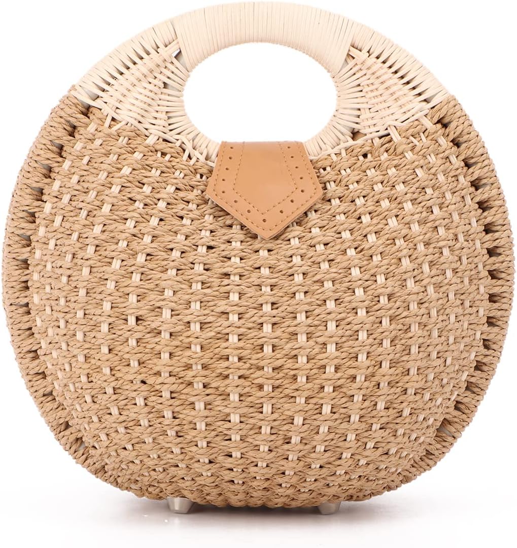 Ynport Straw Purses for Women Summer Beach Rattan Tote Bag Round Handle Ring Handbag Retro Handmade Woven Shell Bag